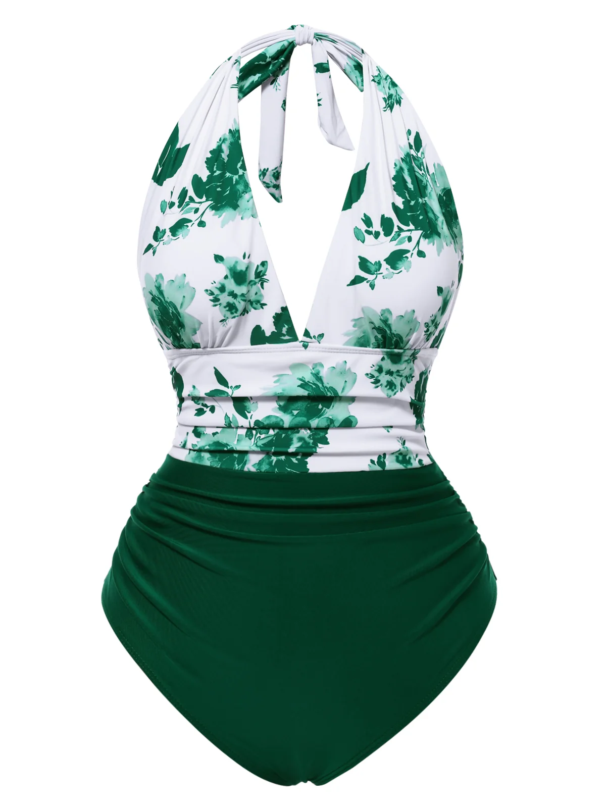 1940s Halter Floral Ruched One-piece Swimsuit - Image 3