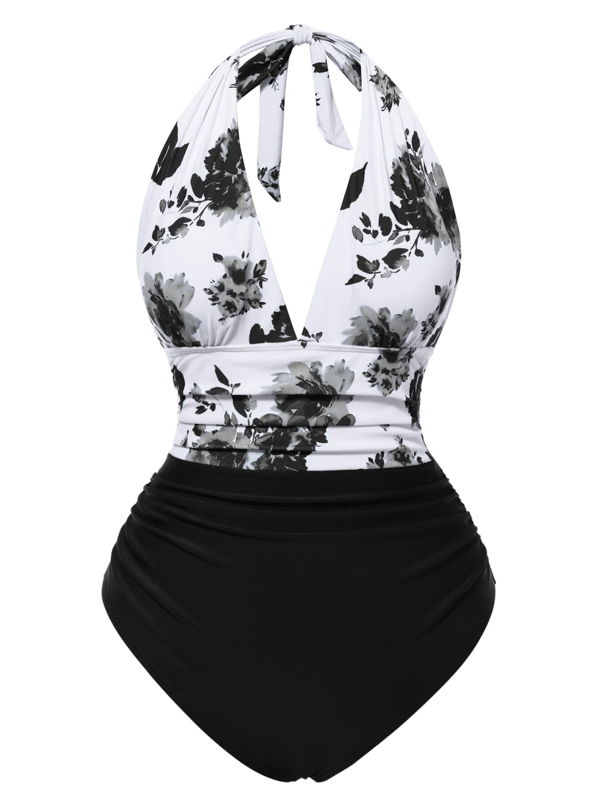 1940s Halter Floral Ruched One-piece Swimsuit - Image 5