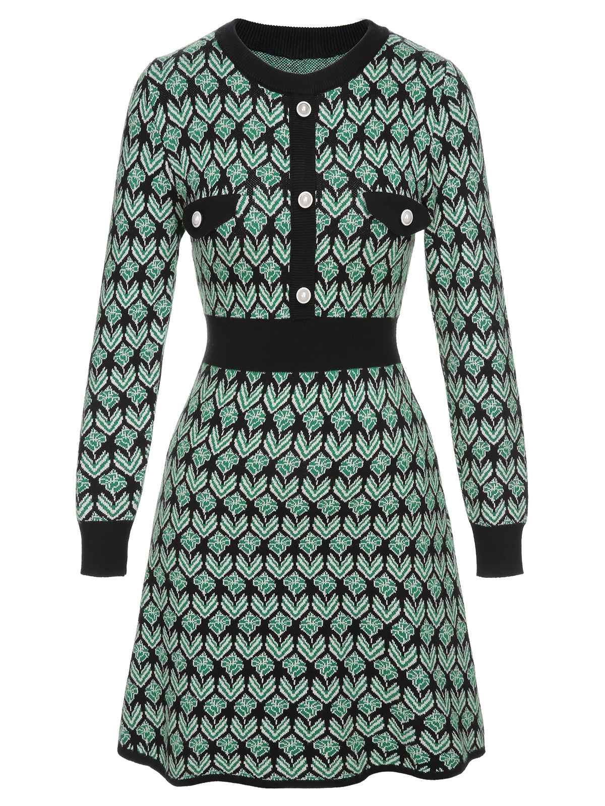 Green 1940s Knitted Floral A-Line Dress - Image 2