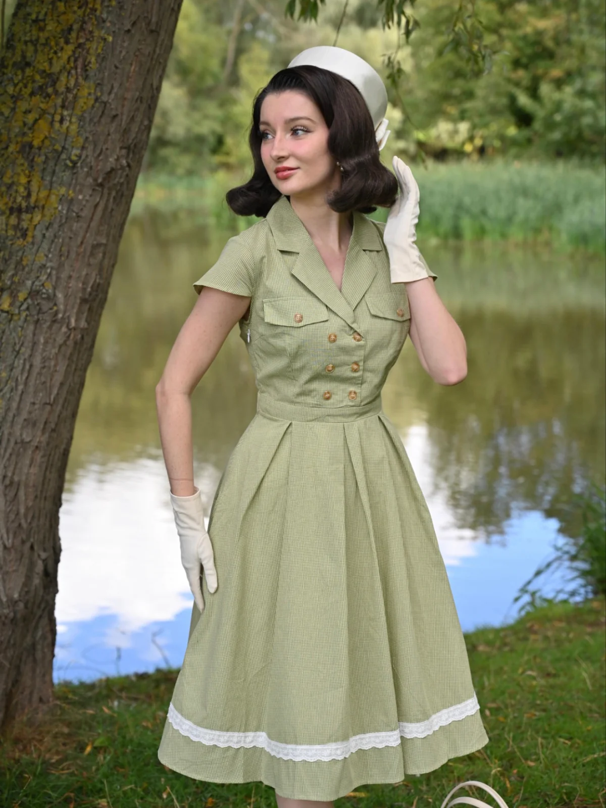 Green 1940s Lace Plaid Cotton Patchwork Dress - Image 2