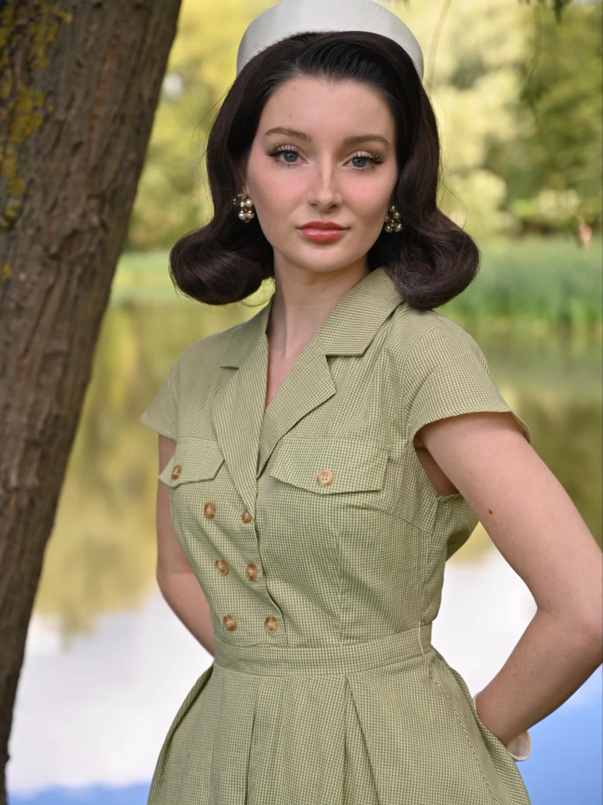 Green 1940s Lace Plaid Cotton Patchwork Dress - Image 3