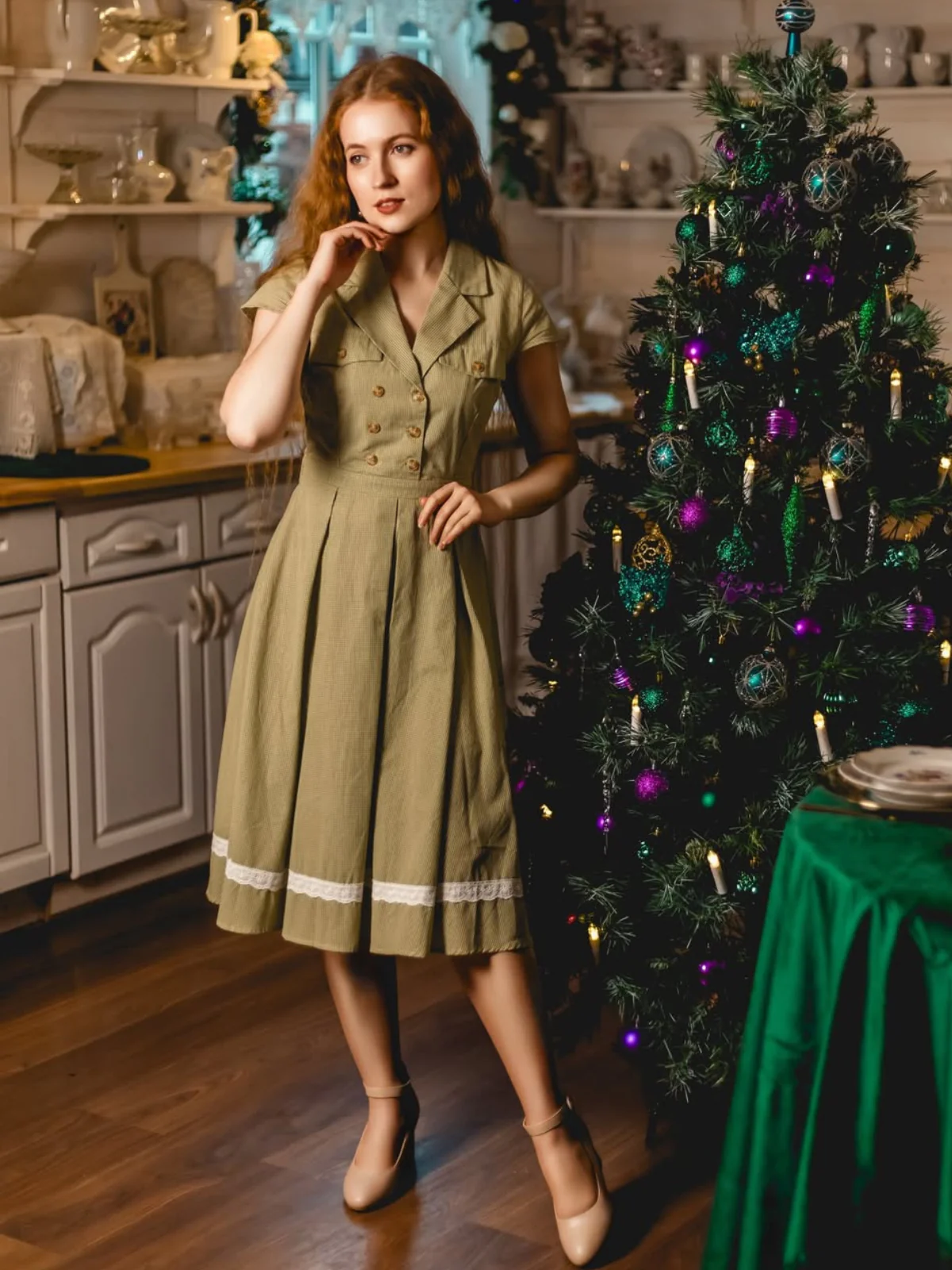 Green 1940s Lace Plaid Cotton Patchwork Dress - Image 2