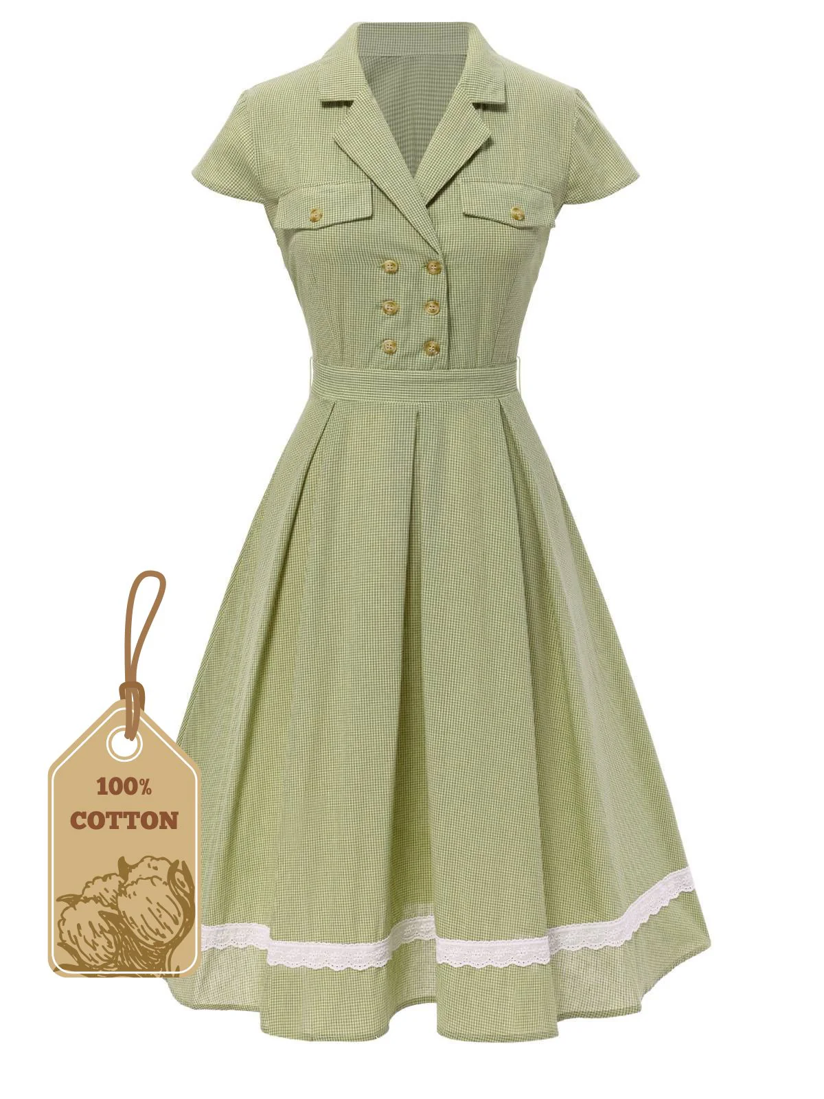 Green 1940s Lace Plaid Cotton Patchwork Dress - Image 4