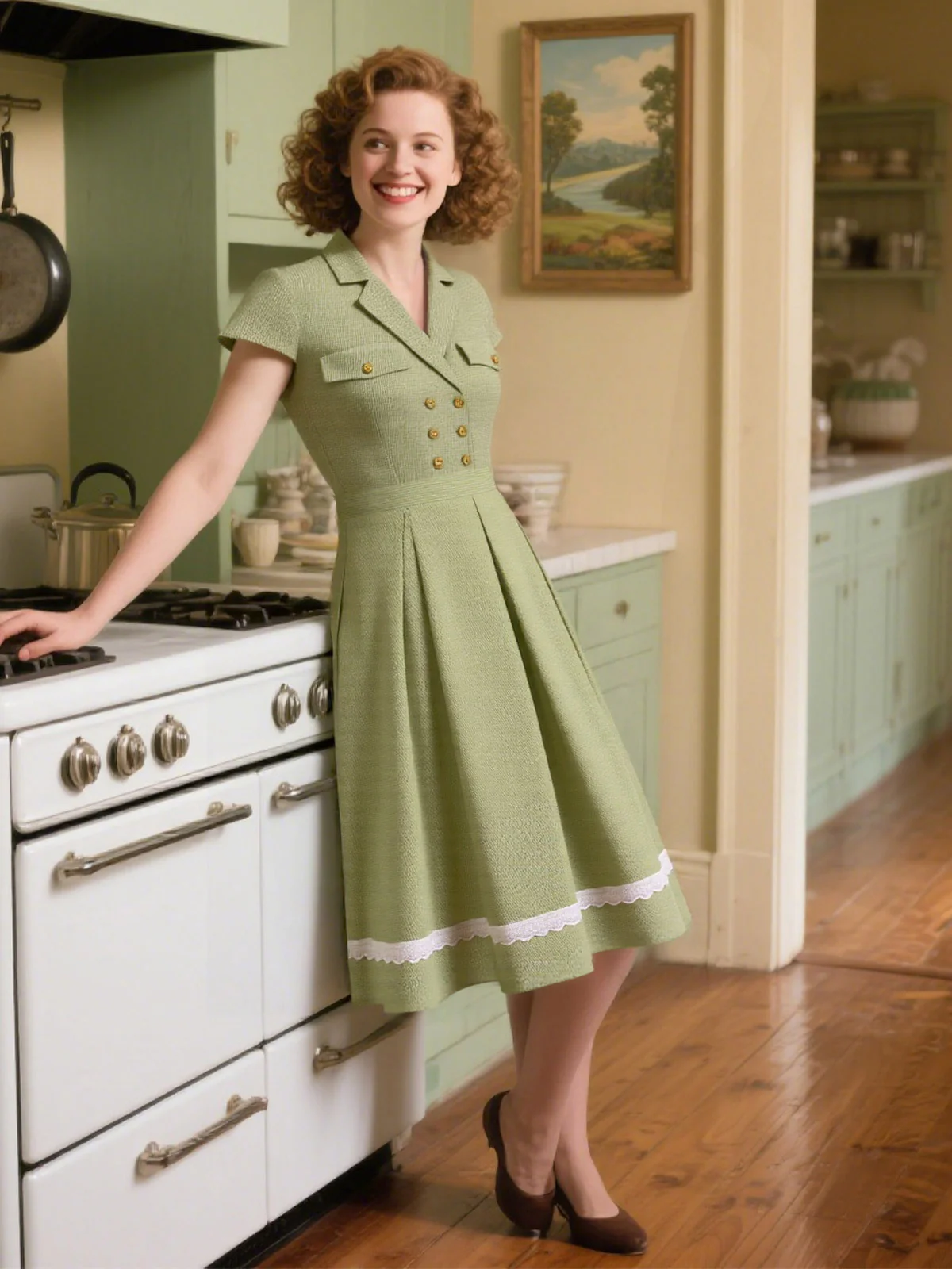 Green 1940s Lace Plaid Cotton Patchwork Dress - Image 5