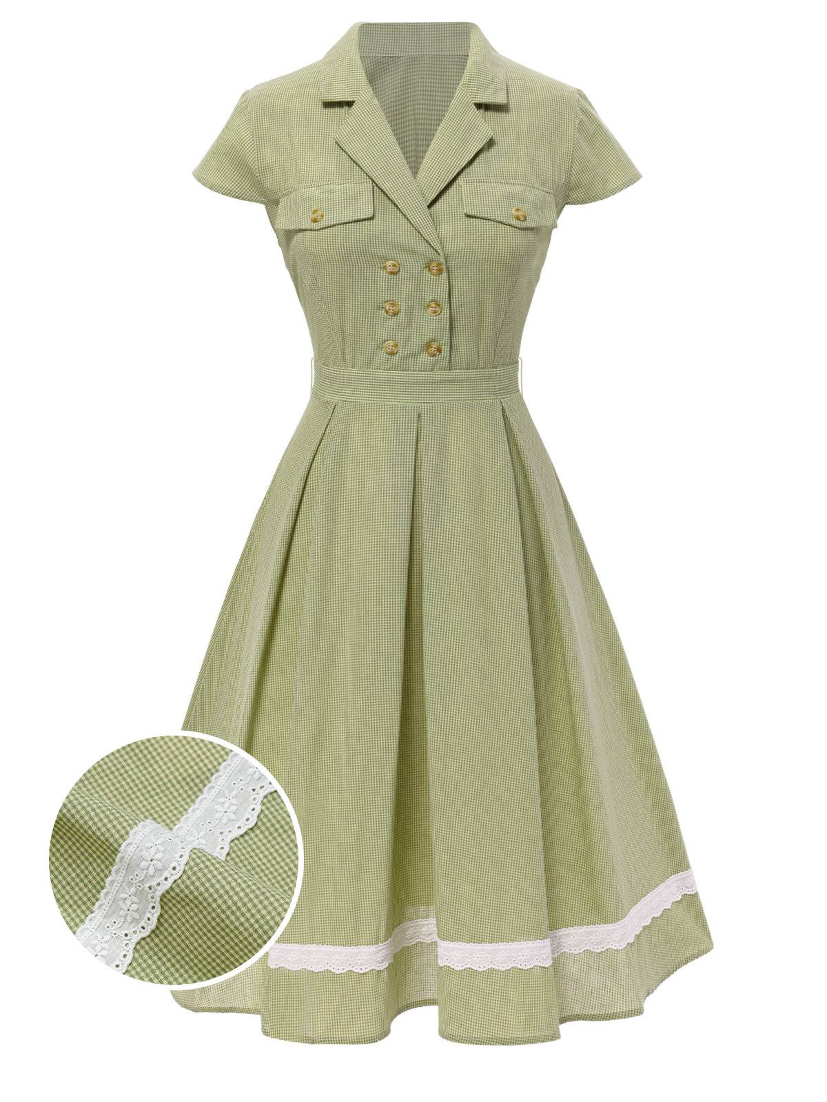 Green 1940s Lace Plaid Cotton Patchwork Dress - Image 6