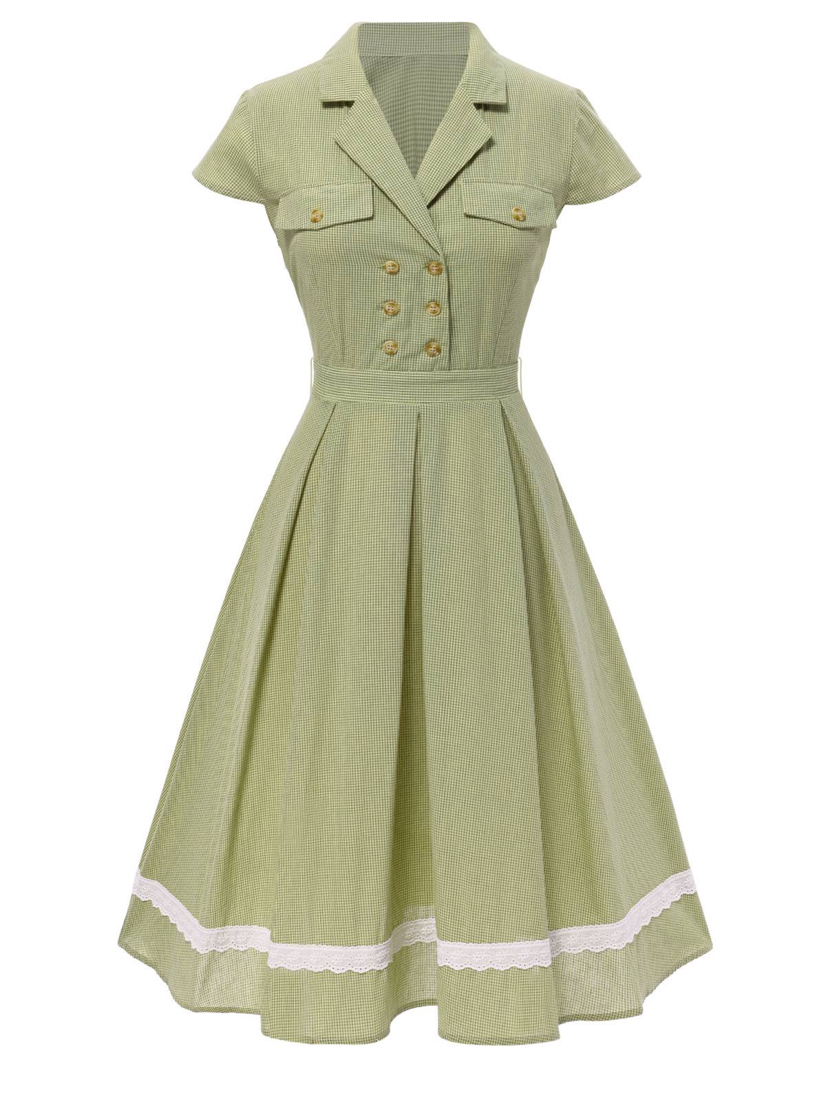 Green 1940s Lace Plaid Cotton Patchwork Dress - Image 7