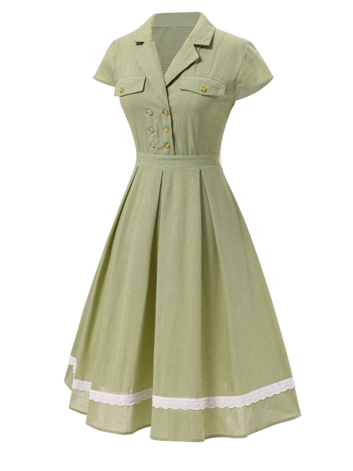 Green 1940s Lace Plaid Cotton Patchwork Dress - Image 8