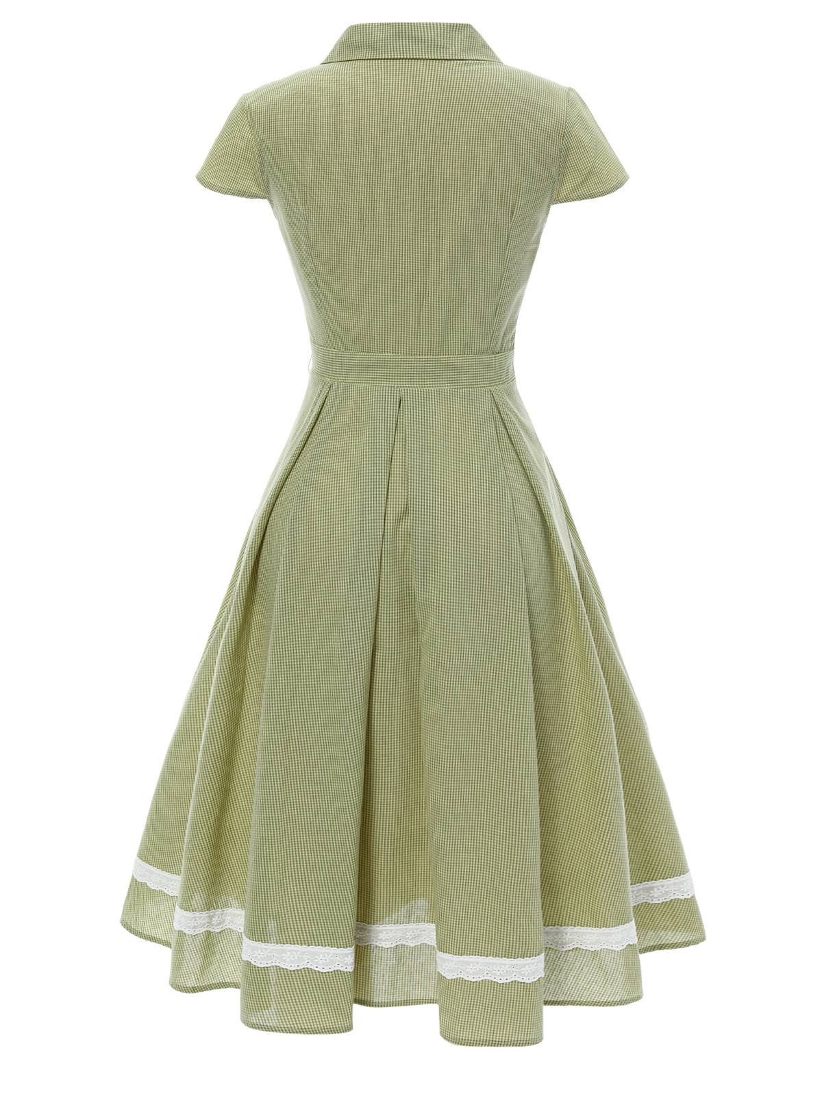 Green 1940s Lace Plaid Cotton Patchwork Dress - Image 9