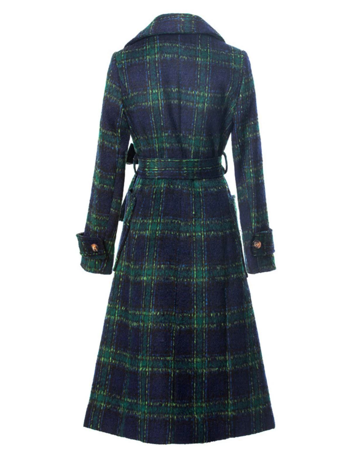 Green 1940s Notched Collar Blackwatch Plaid Long Coat - Image 2