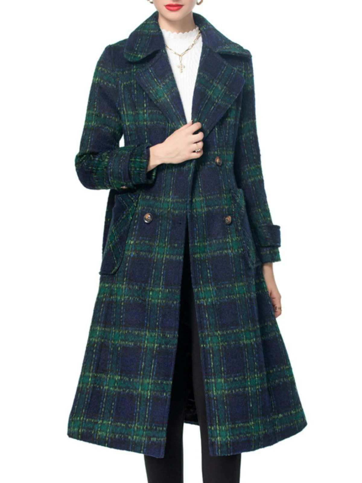 Green 1940s Notched Collar Blackwatch Plaid Long Coat - Image 3