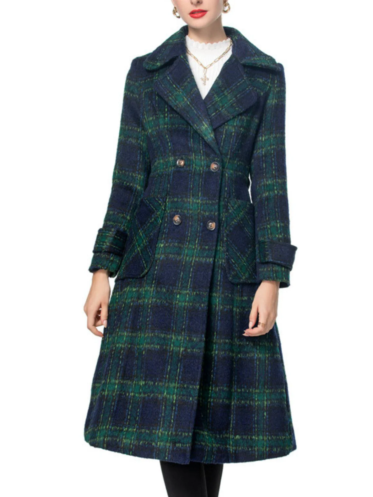 Green 1940s Notched Collar Blackwatch Plaid Long Coat - Image 4