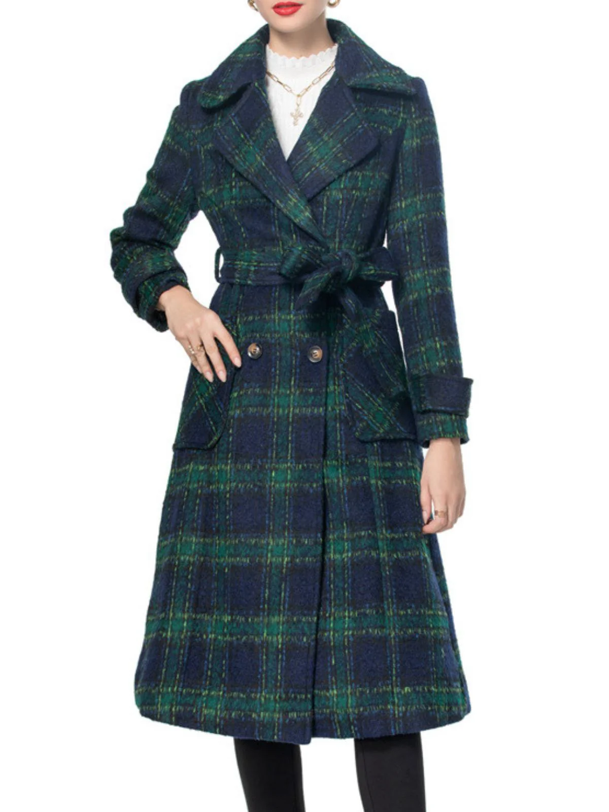 Green 1940s Notched Collar Blackwatch Plaid Long Coat - Image 5