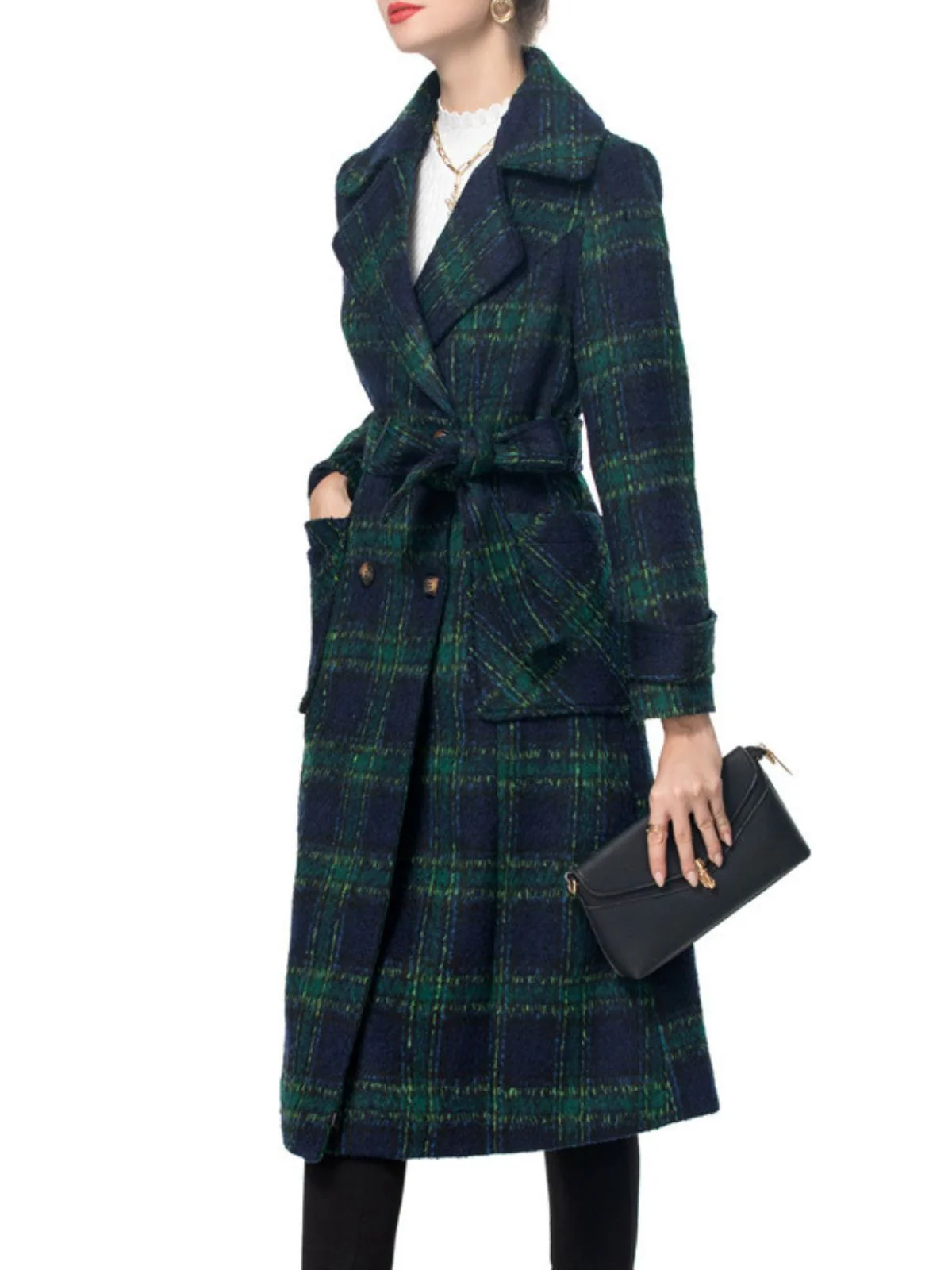 Green 1940s Notched Collar Blackwatch Plaid Long Coat - Image 6