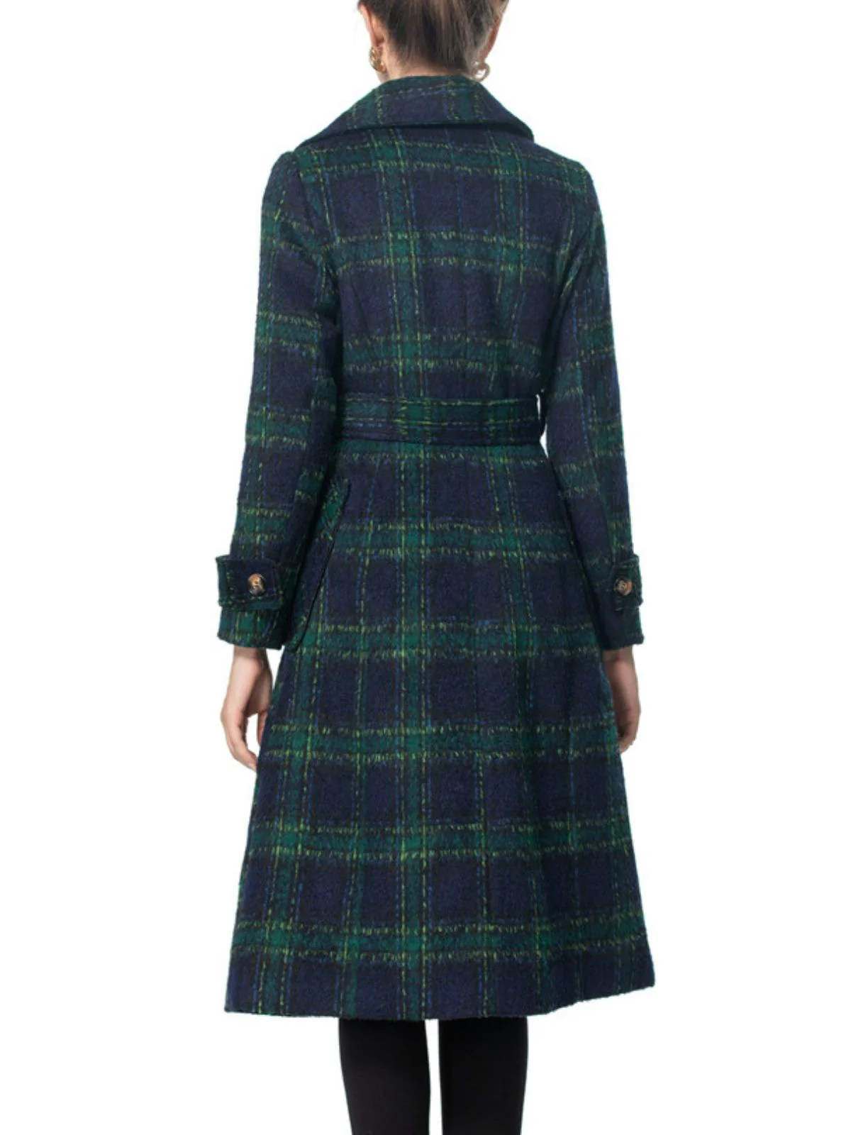 Green 1940s Notched Collar Blackwatch Plaid Long Coat - Image 7