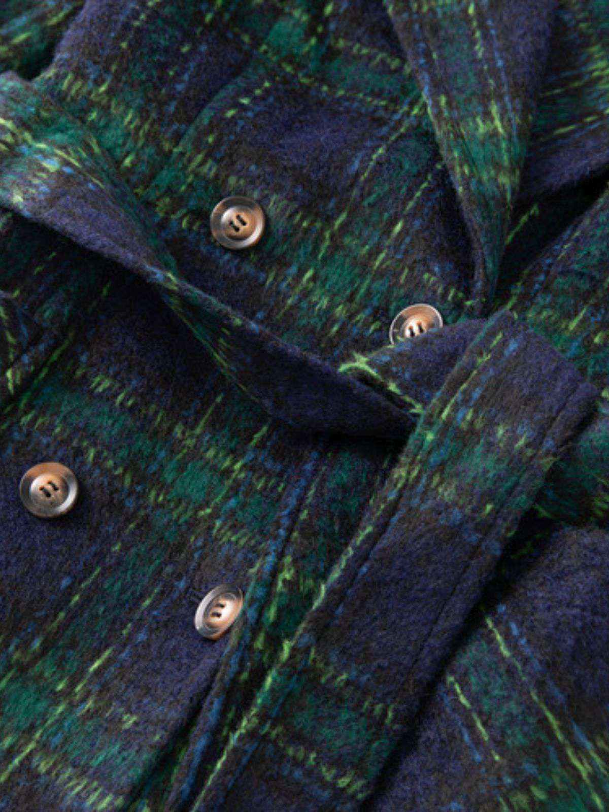 Green 1940s Notched Collar Blackwatch Plaid Long Coat - Image 9