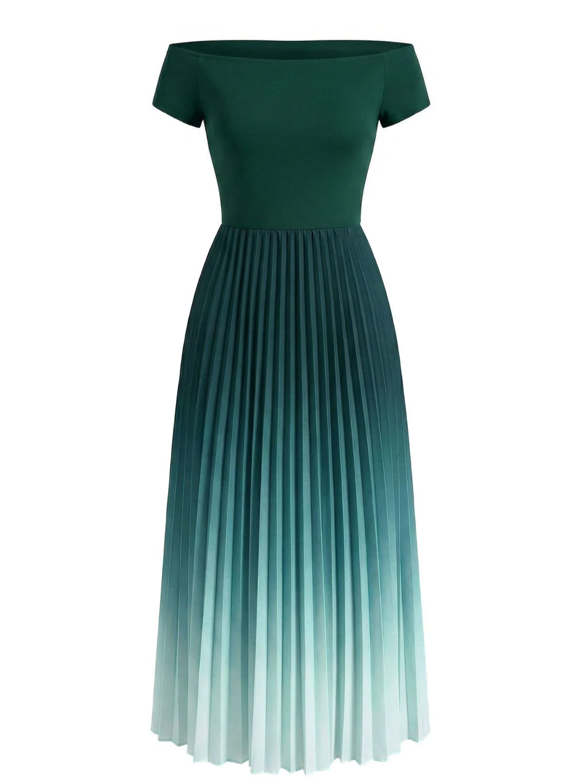 Green 1940s Off-Shoulder Pleated Gradient Dress - Image 2