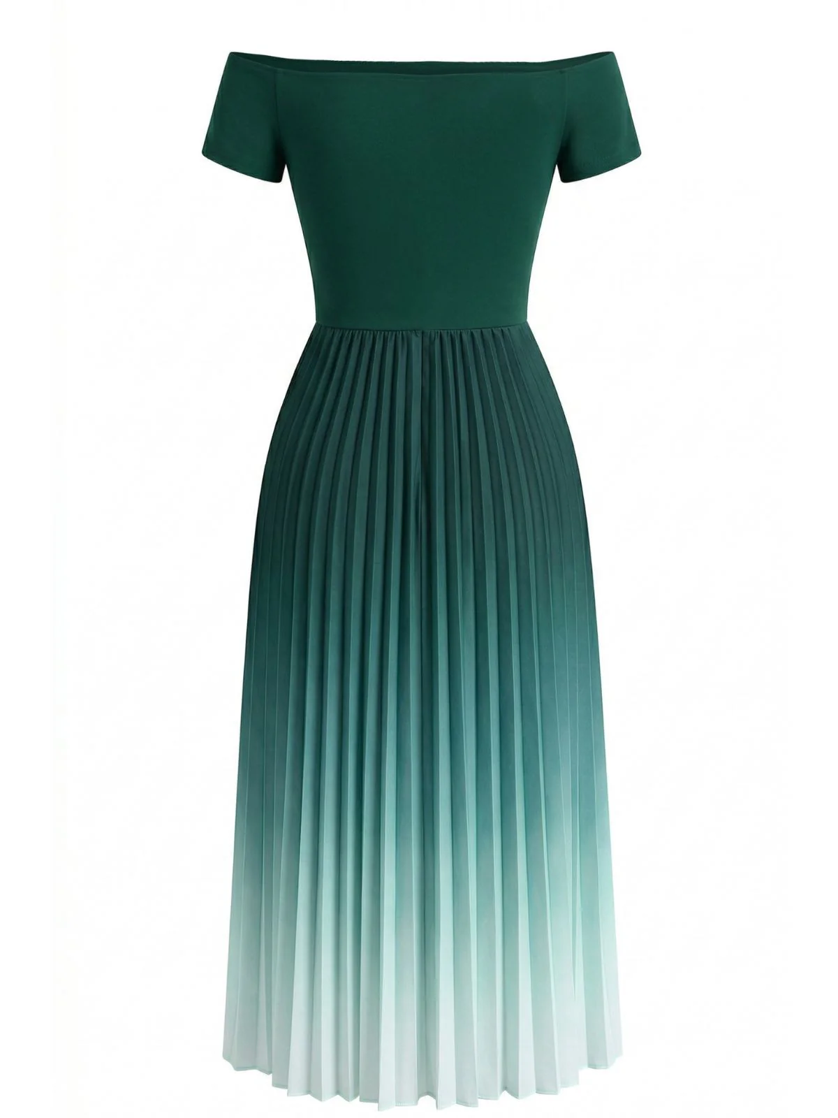 Green 1940s Off-Shoulder Pleated Gradient Dress - Image 3