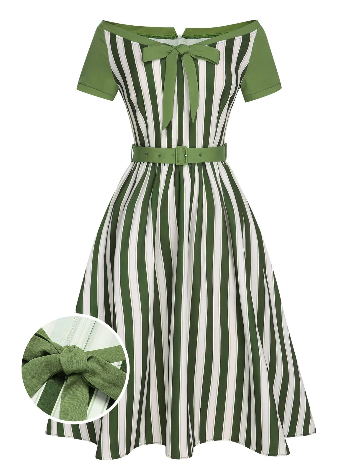 Green 1940s Off-Shoulder Stripes Bow Belted Dress - Image 2