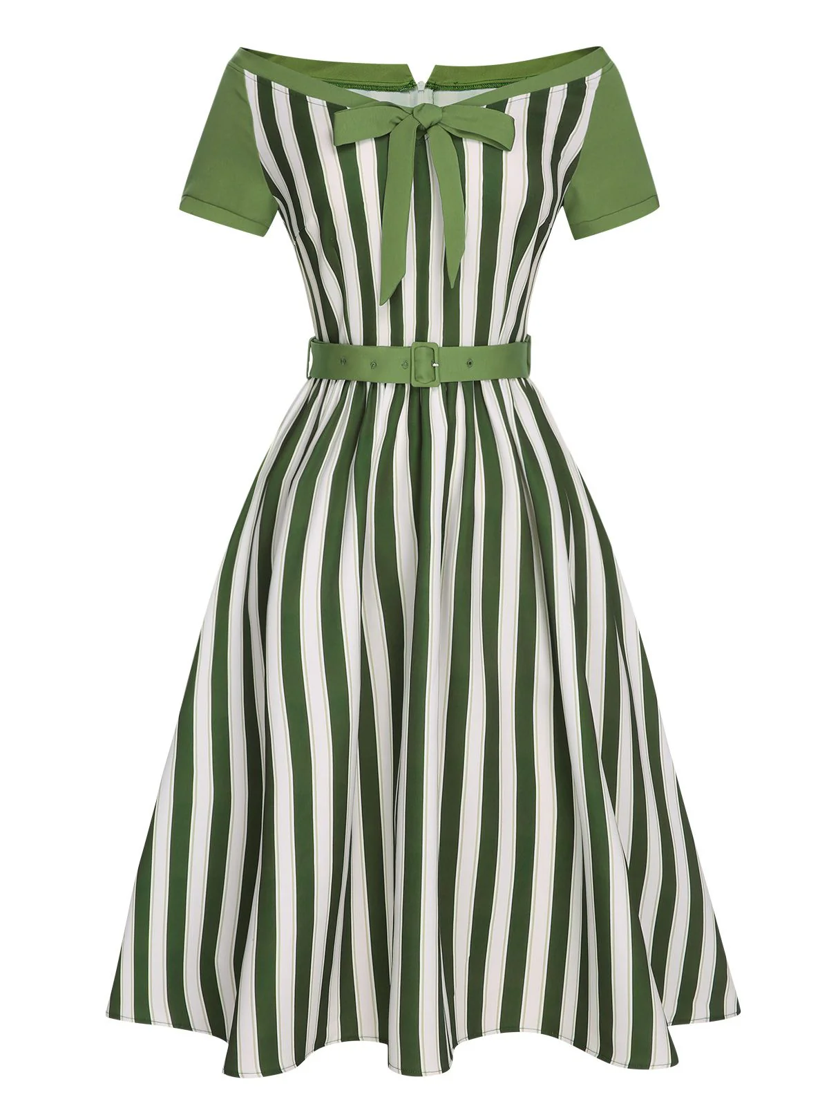 Green 1940s Off-Shoulder Stripes Bow Belted Dress - Image 3