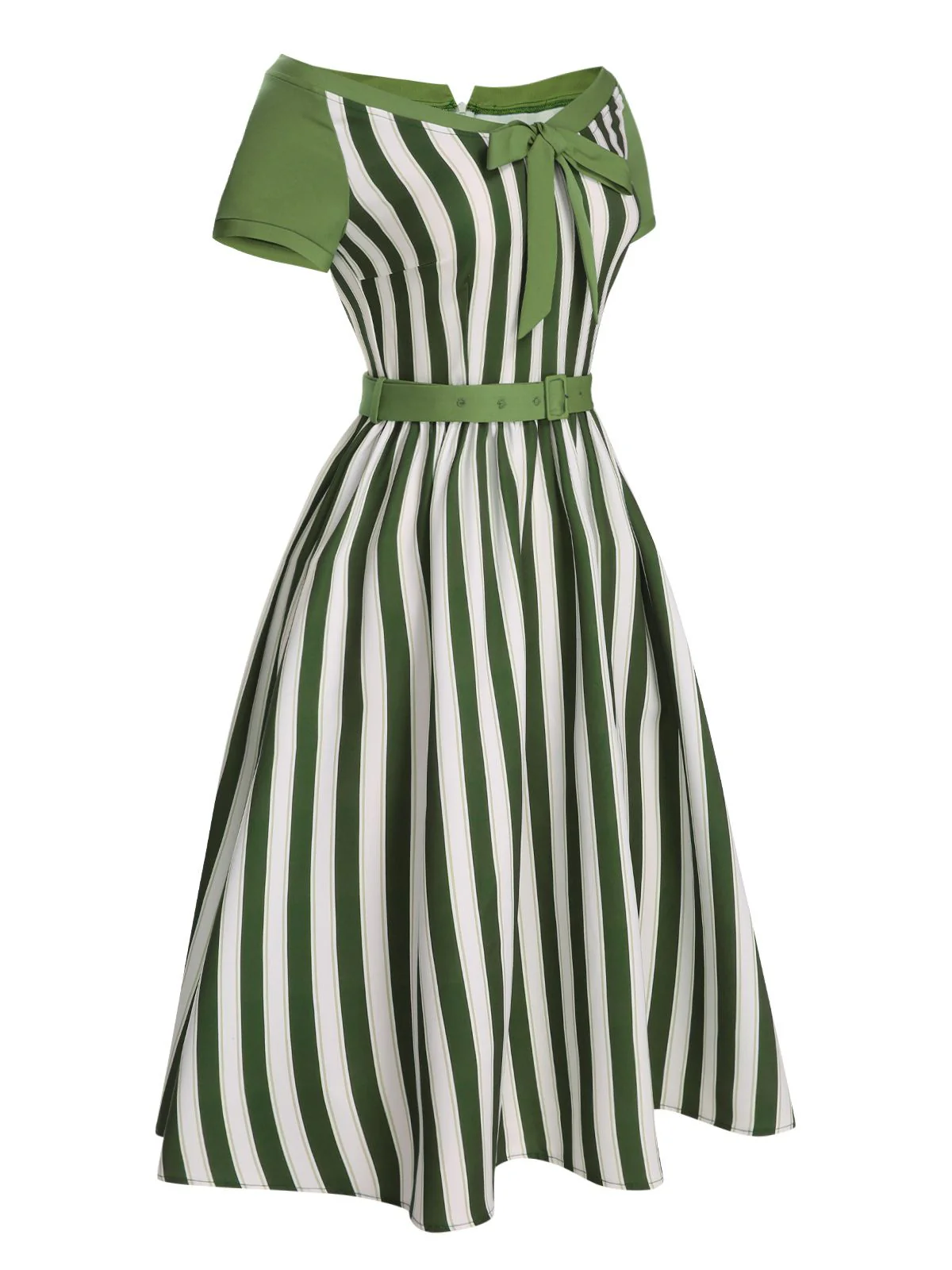 Green 1940s Off-Shoulder Stripes Bow Belted Dress - Image 4