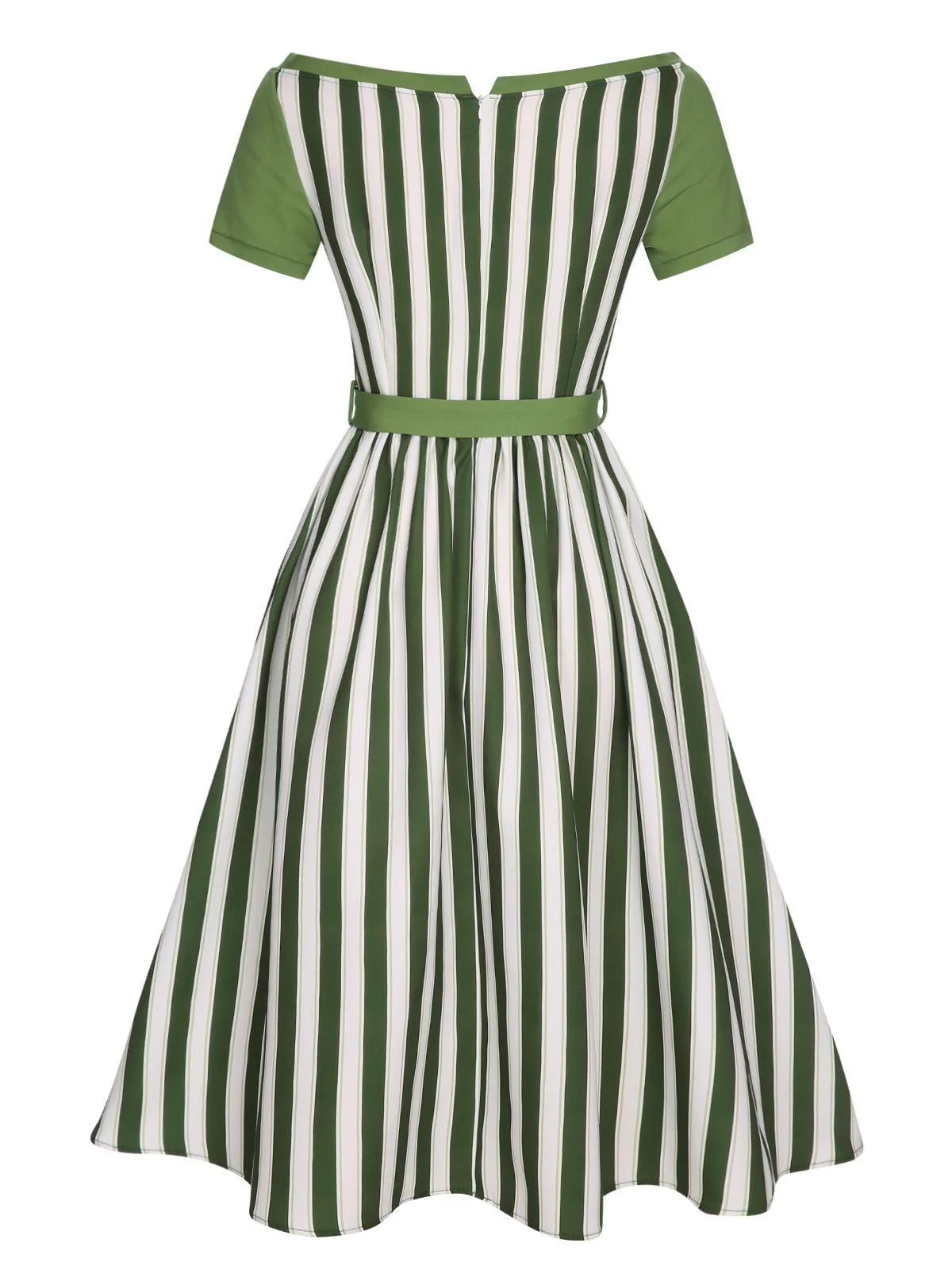 Green 1940s Off-Shoulder Stripes Bow Belted Dress - Image 5