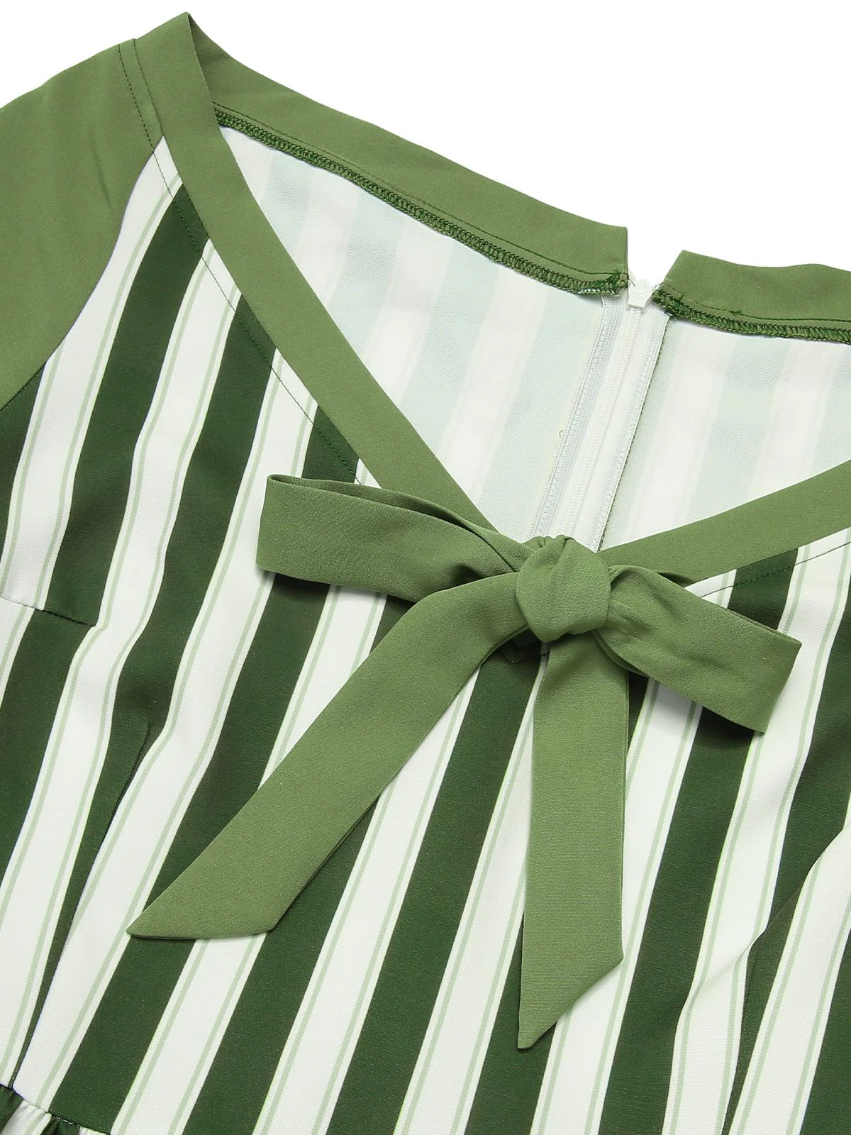 Green 1940s Off-Shoulder Stripes Bow Belted Dress - Image 6