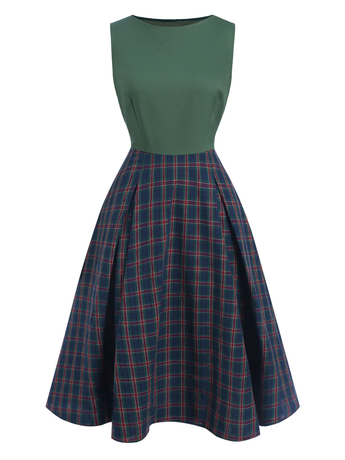 Green 1940s Plaids Patchwork Sleeveless Dress - Image 2