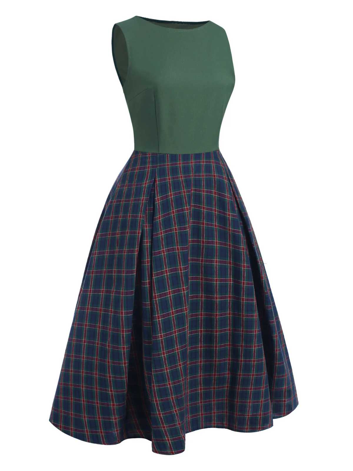 Green 1940s Plaids Patchwork Sleeveless Dress - Image 3