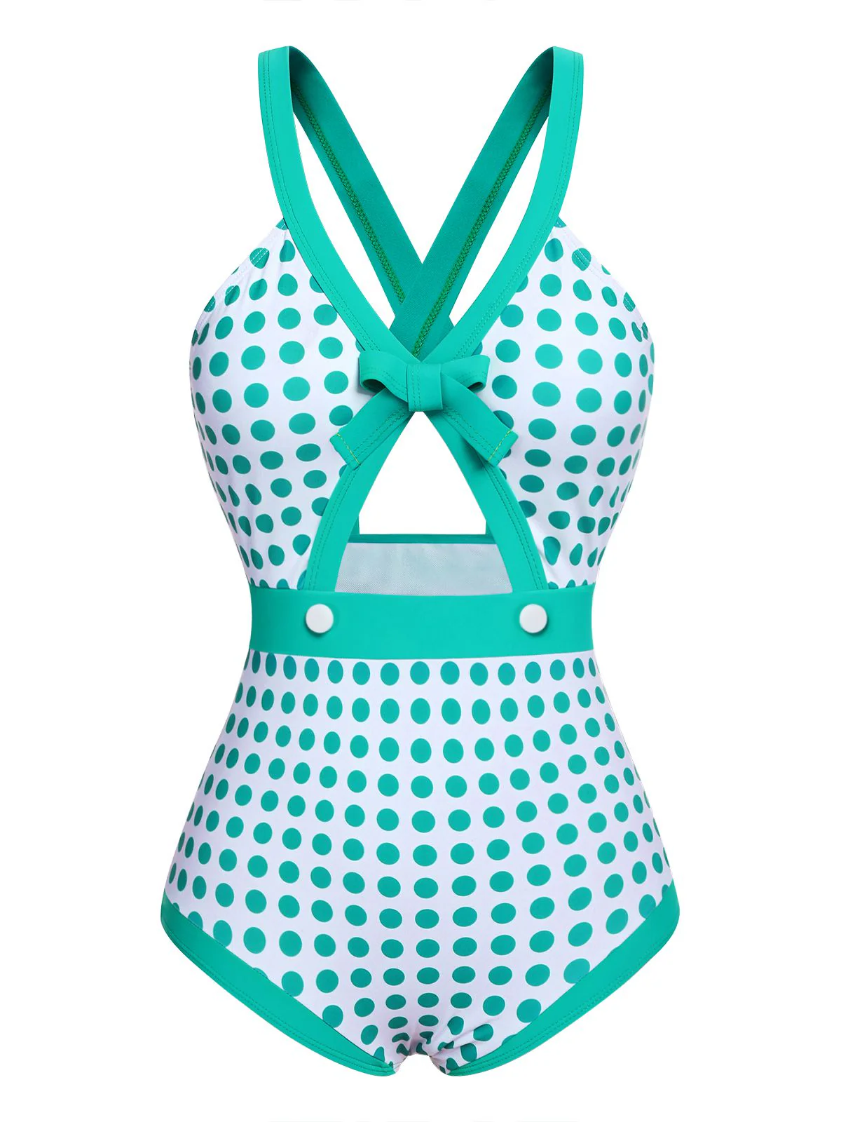 Green 1940s Polka Dot Bowknot One-Piece Swimsuit - Image 2