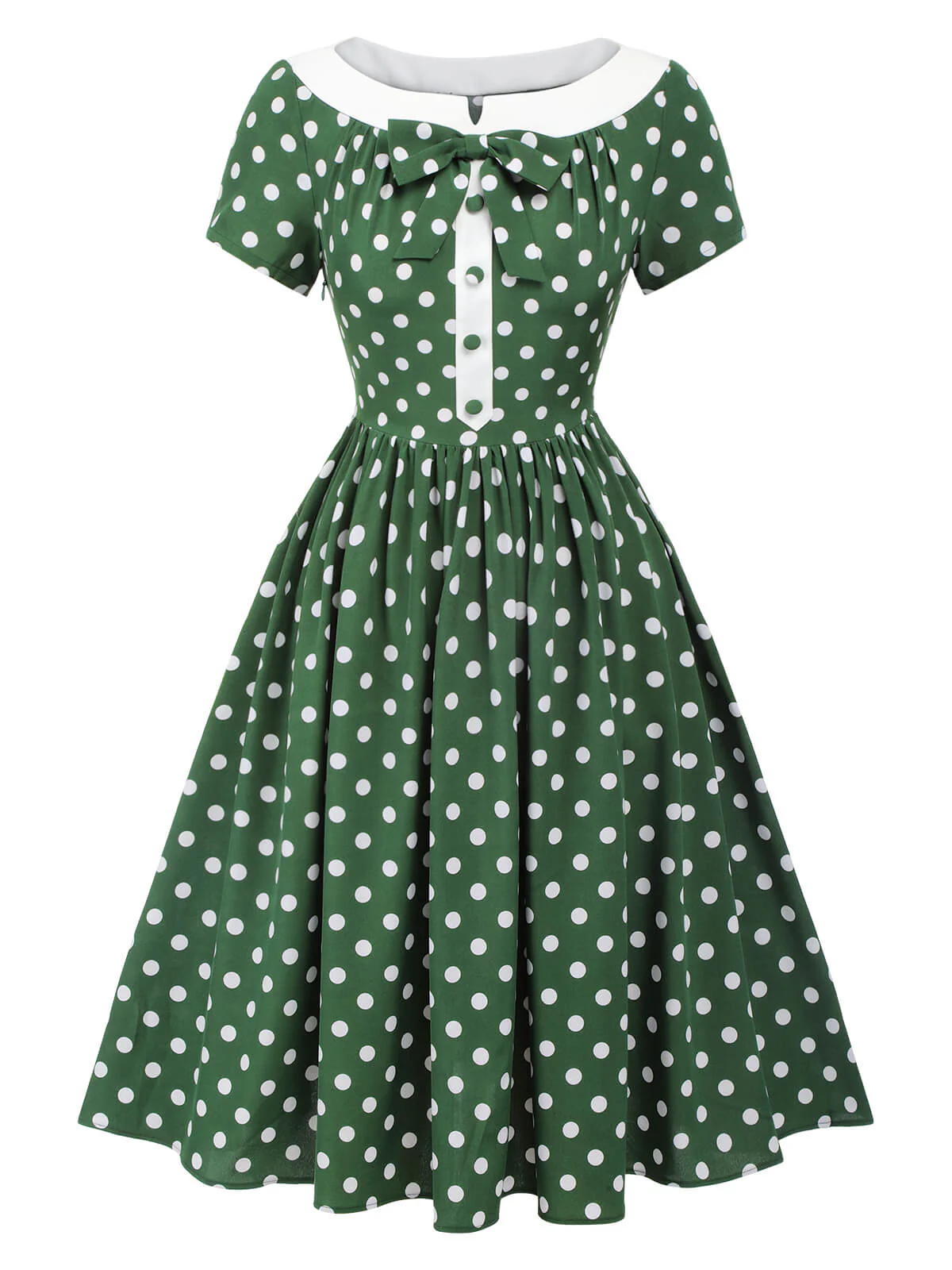 Green 1940s Polka Dot Bowknot Patchwork Dress - Image 2