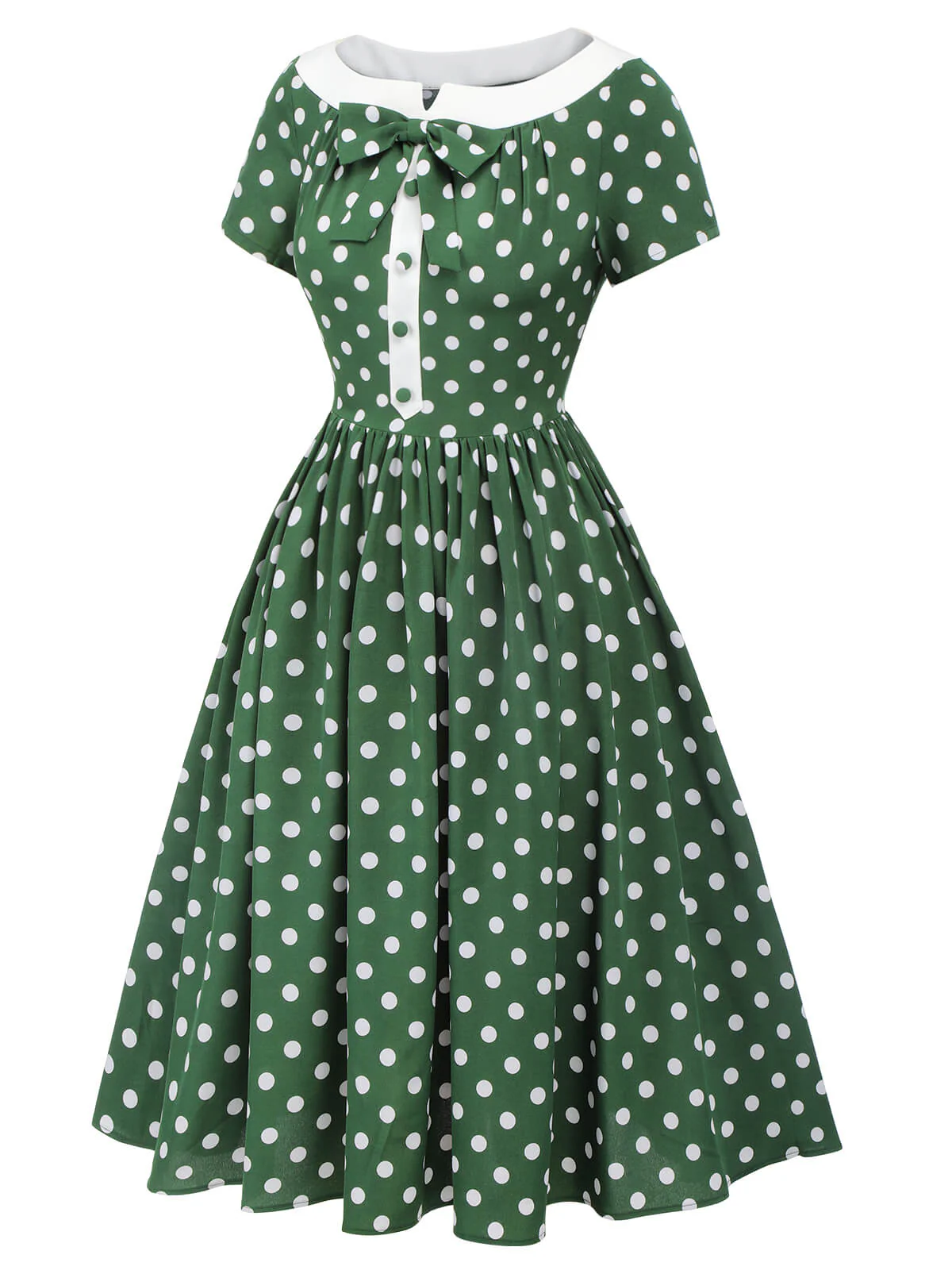 Green 1940s Polka Dot Bowknot Patchwork Dress - Image 3