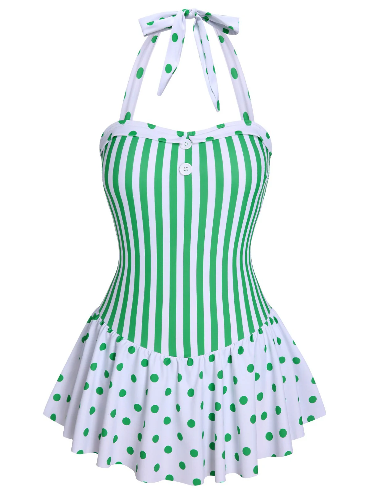 Green 1940s Polka Dots Stripes Halter Swimsuit - Image 2