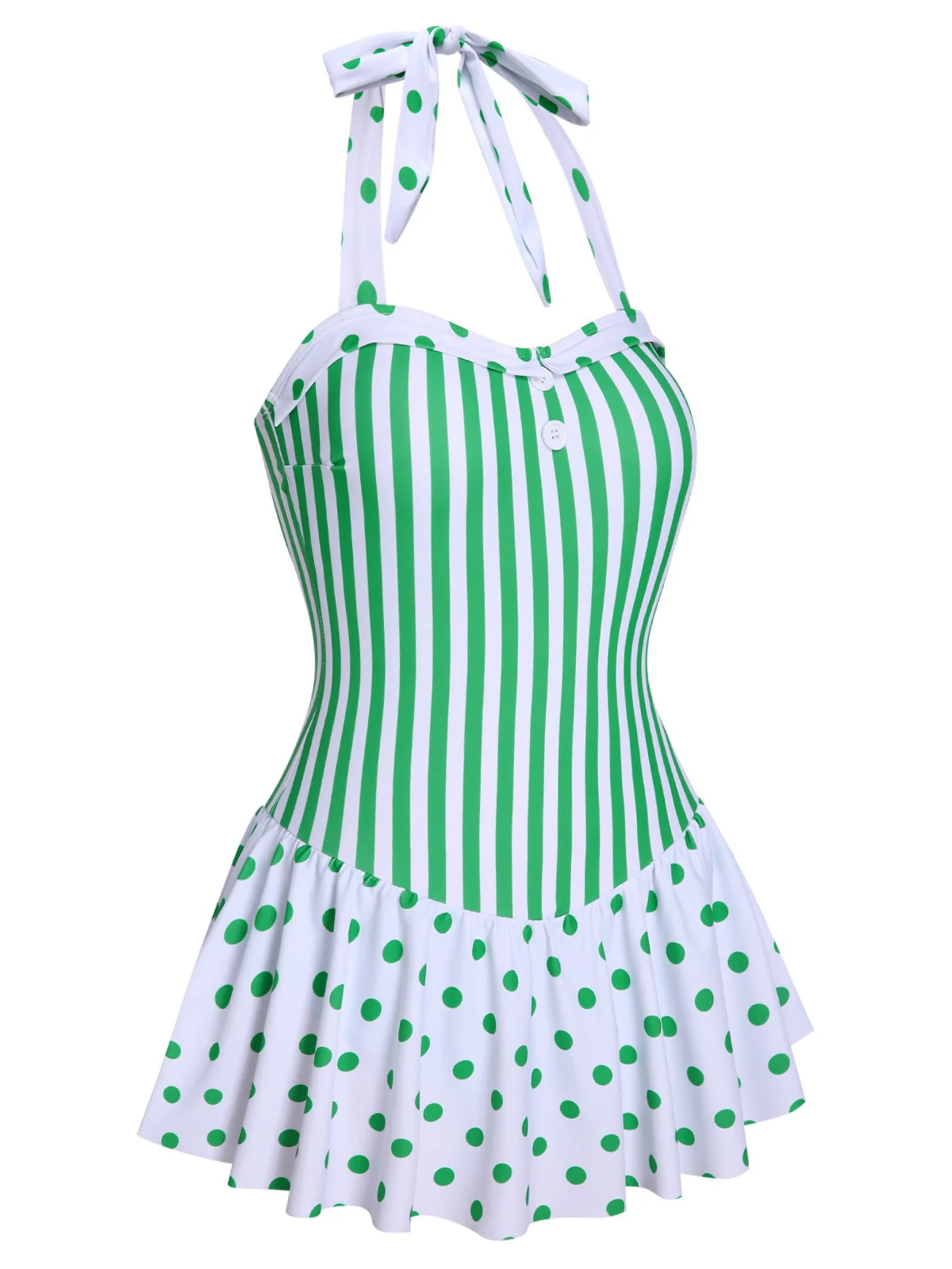 Green 1940s Polka Dots Stripes Halter Swimsuit - Image 3