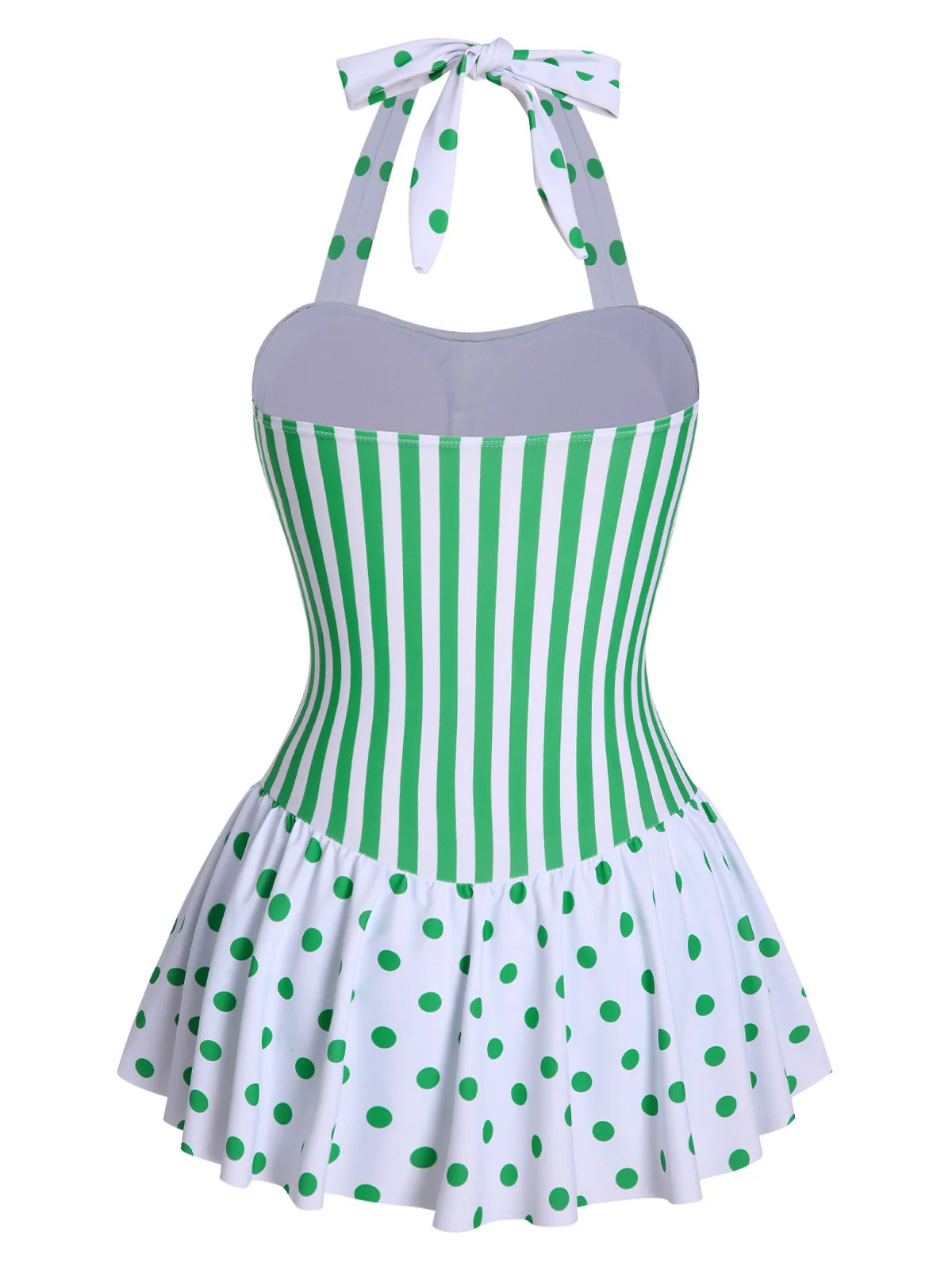Green 1940s Polka Dots Stripes Halter Swimsuit - Image 4