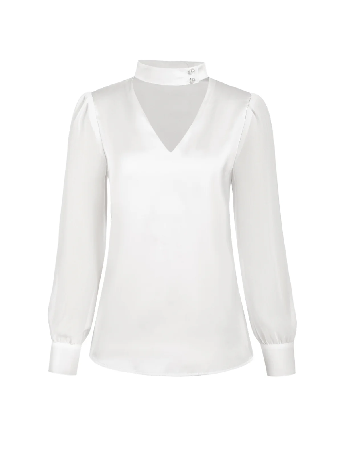 White 1940s Round Neck Satin Puff Sleeve Blouse - Image 2