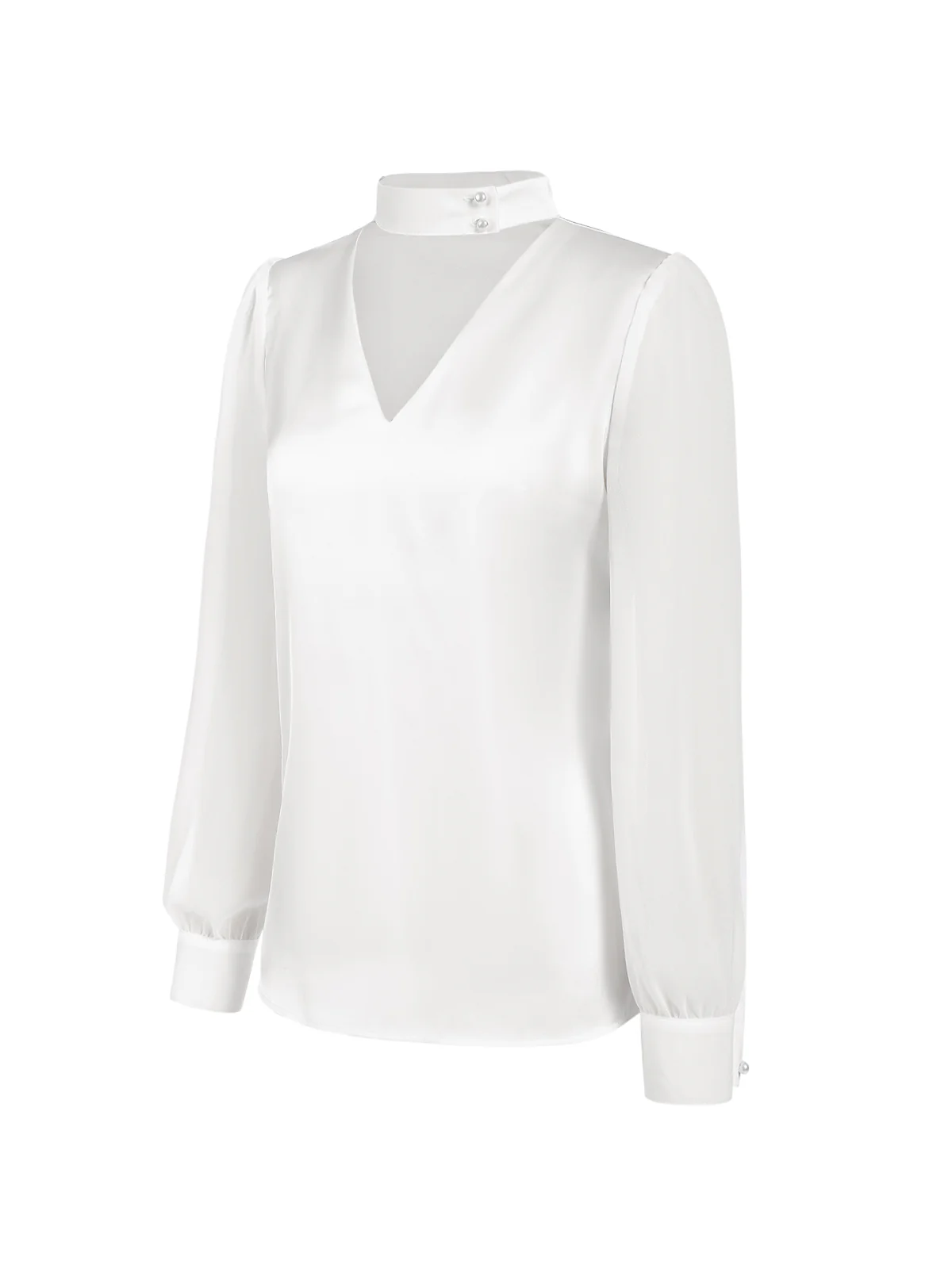 White 1940s Round Neck Satin Puff Sleeve Blouse - Image 3