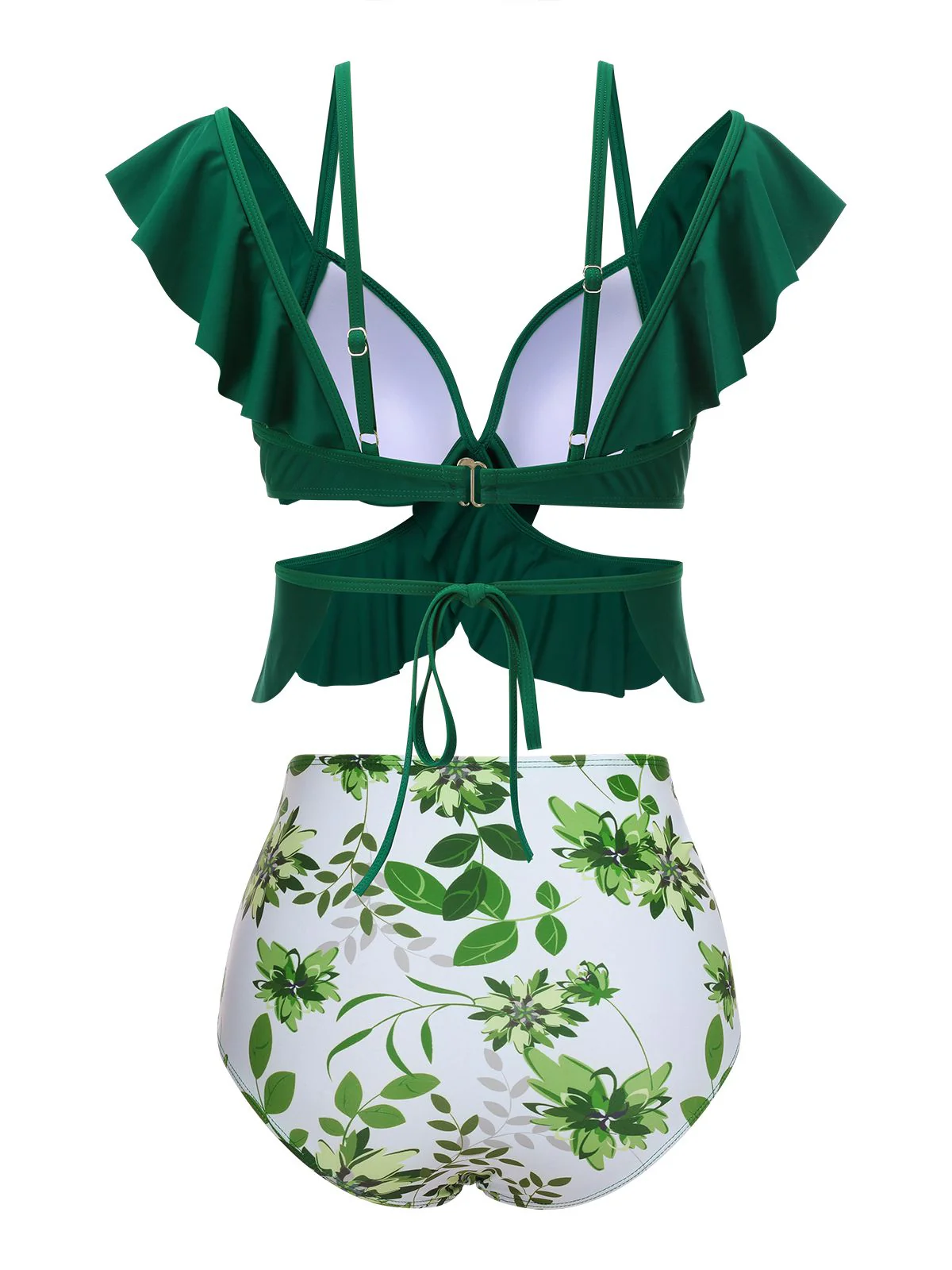 Green 1940s Ruffles Floral Spaghetti Strap Swimsuit - Image 2