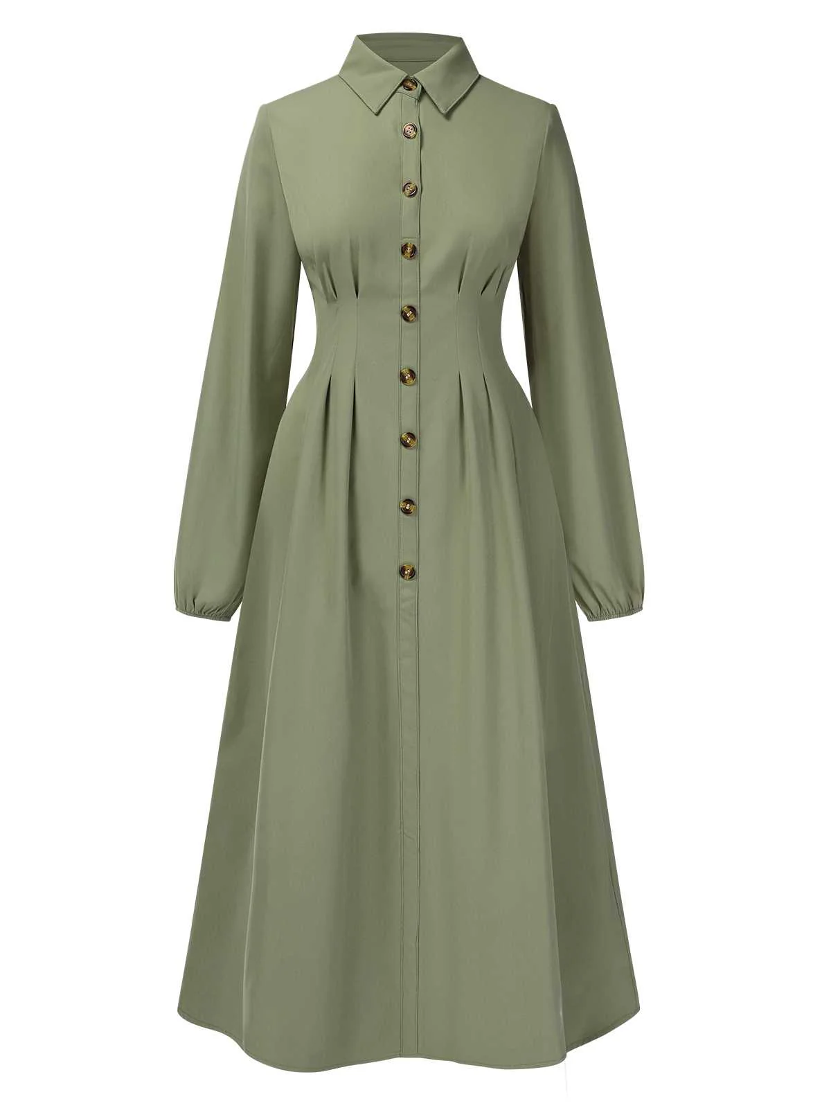 Green 1940s Shirt Neck Long Sleeve Solid Dress - Image 2