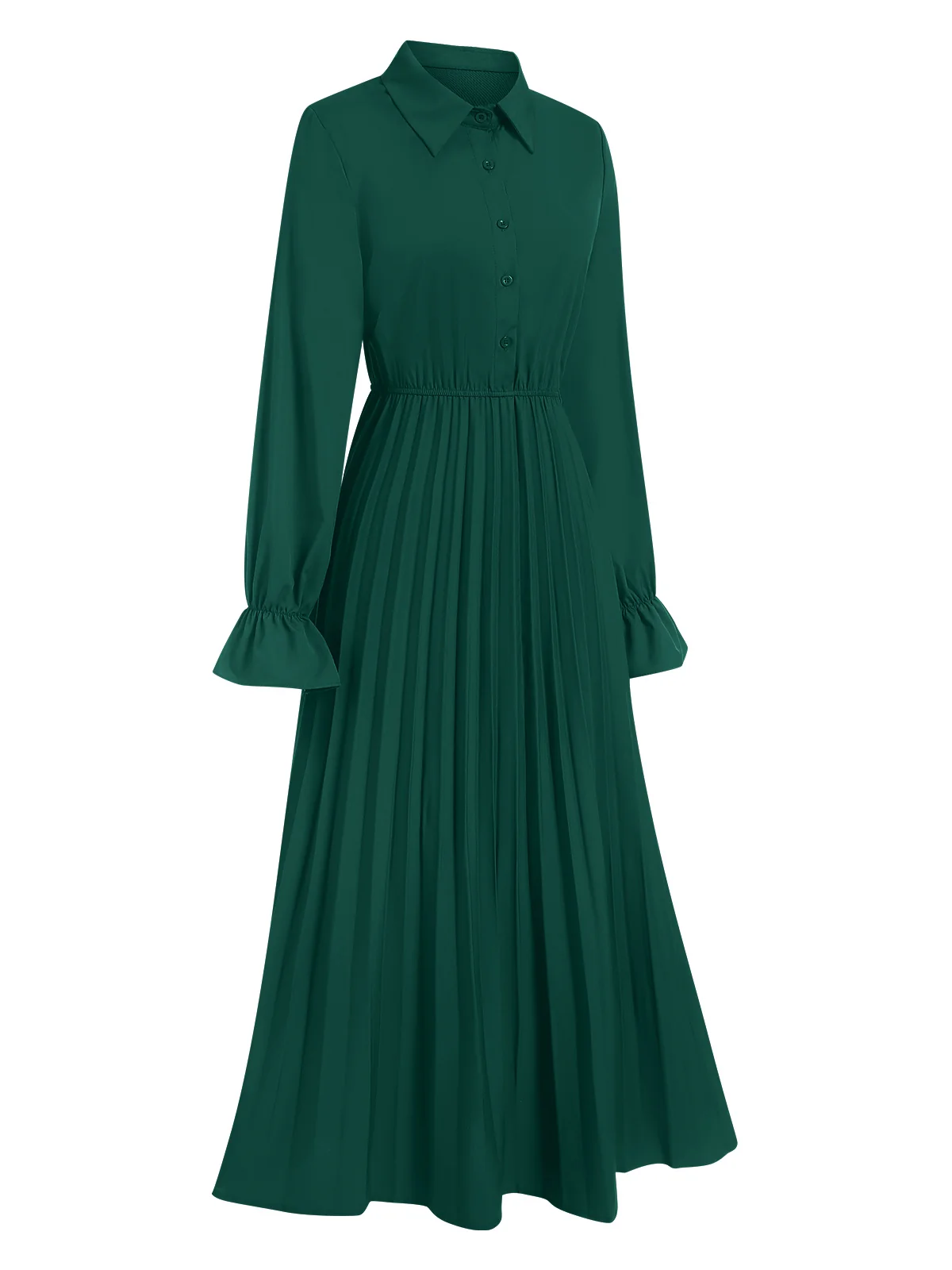 Green 1940s Solid Pleated Shirt Collar Dress - Image 2