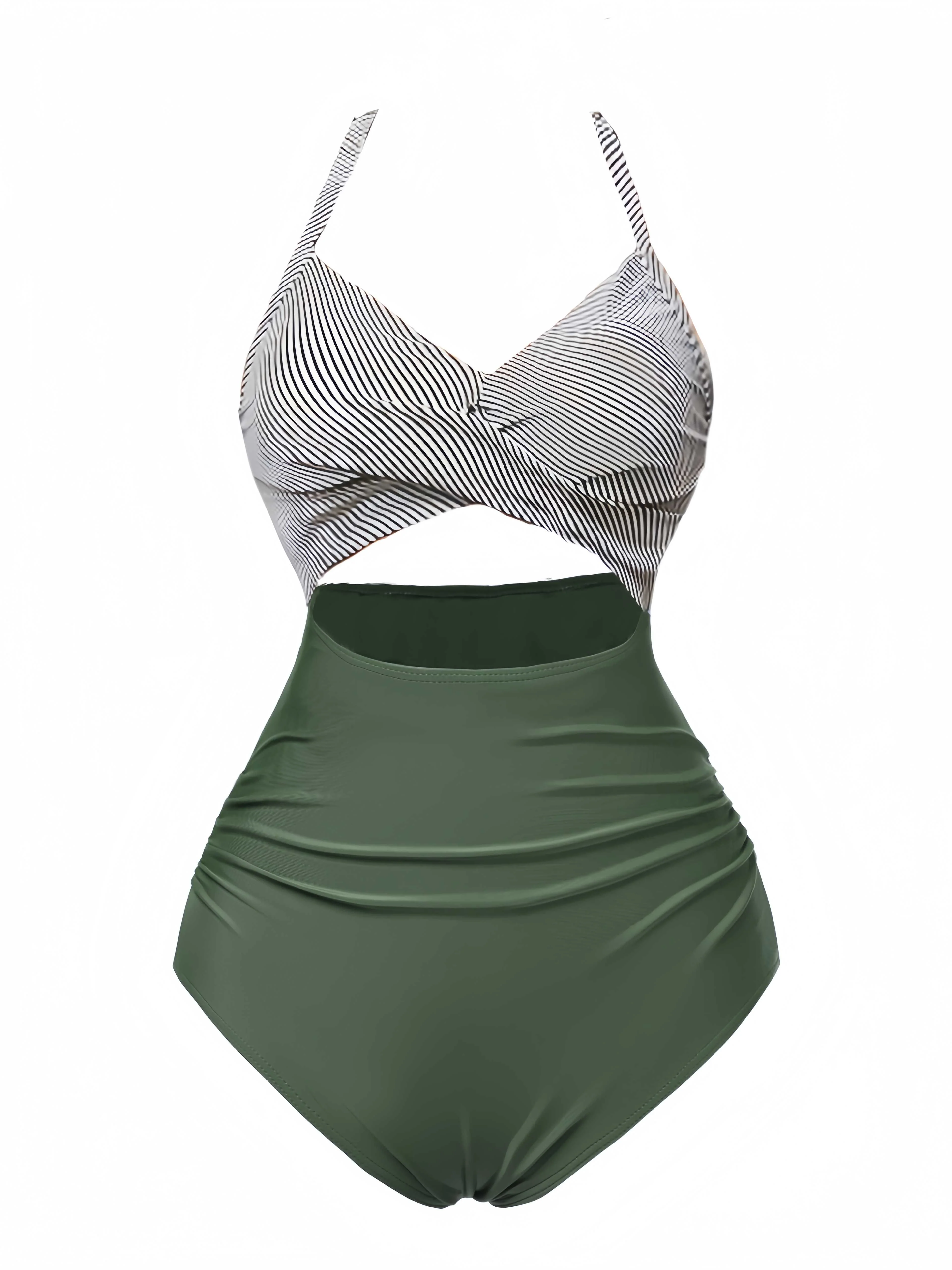 Blue 1940s Stripe Patchwork Hollow One-Piece Swimsuit - Image 8