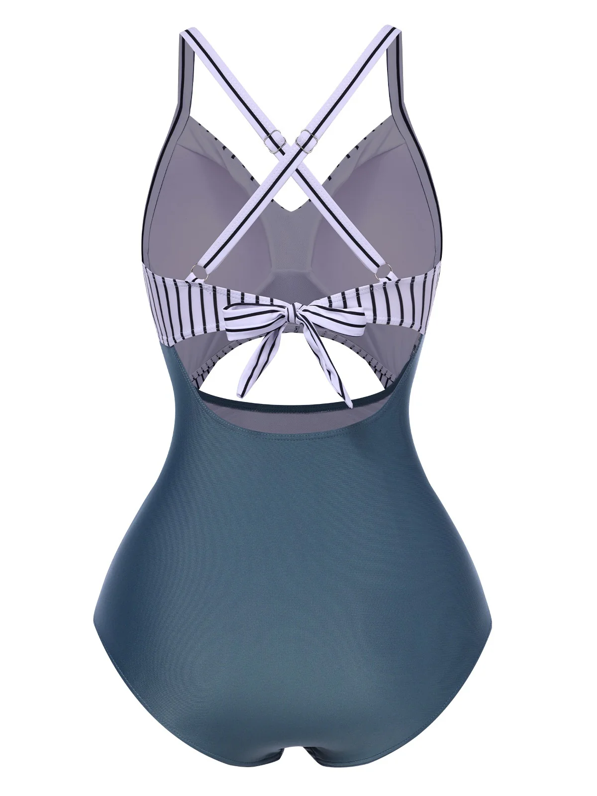 Blue 1940s Stripe Patchwork Hollow One-Piece Swimsuit - Image 3