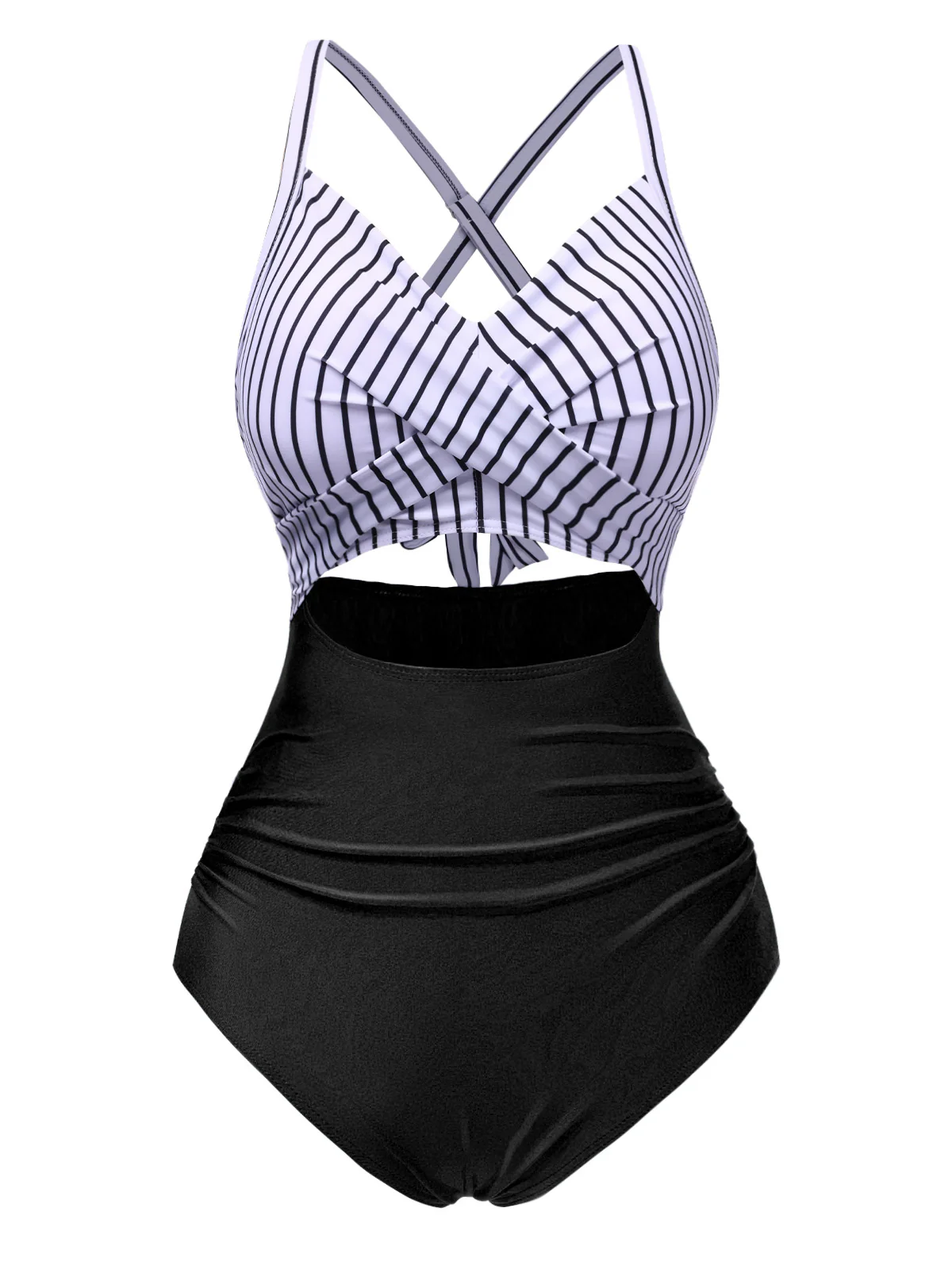 Blue 1940s Stripe Patchwork Hollow One-Piece Swimsuit - Image 6