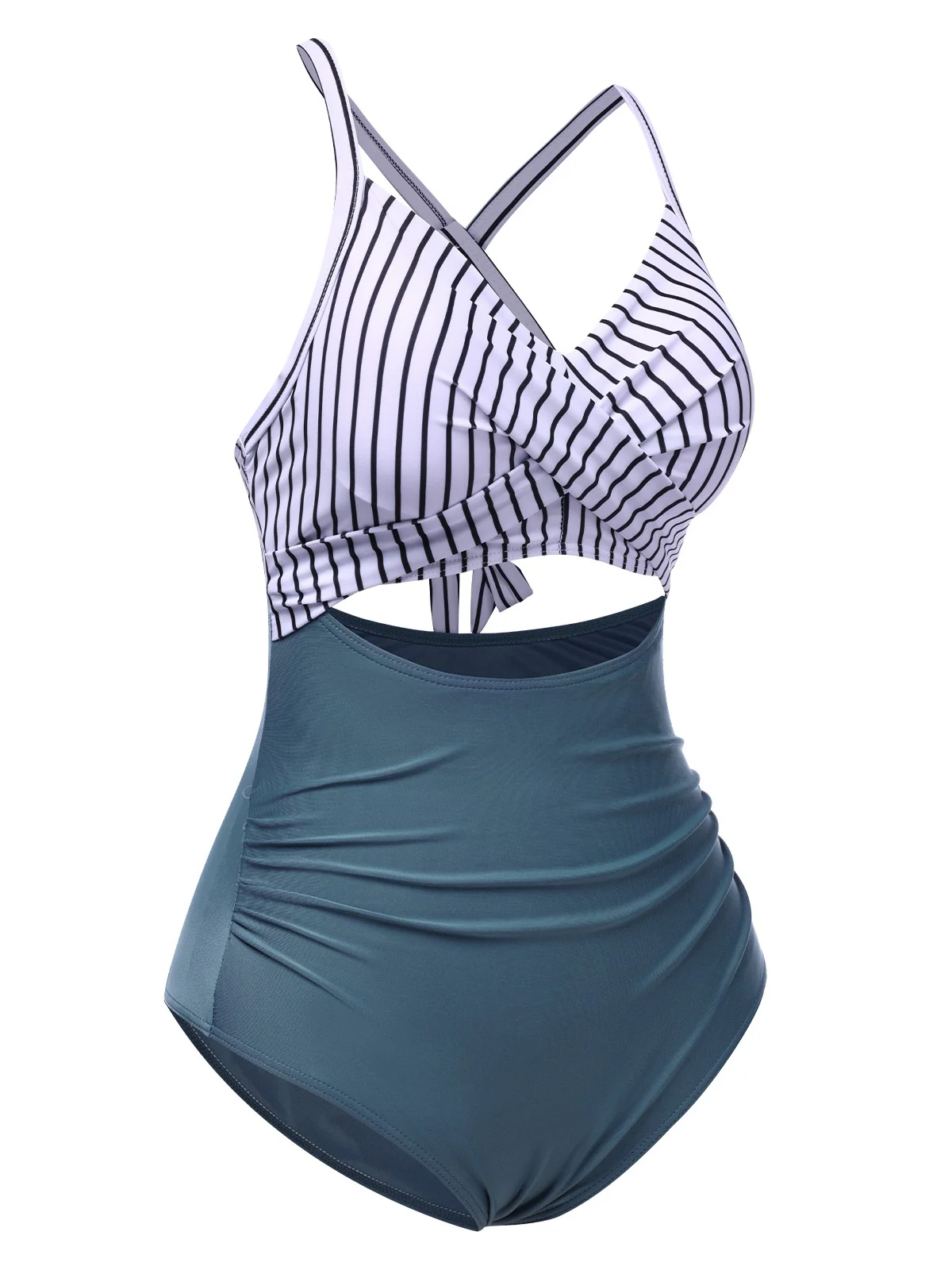 Blue 1940s Stripe Patchwork Hollow One-Piece Swimsuit - Image 2