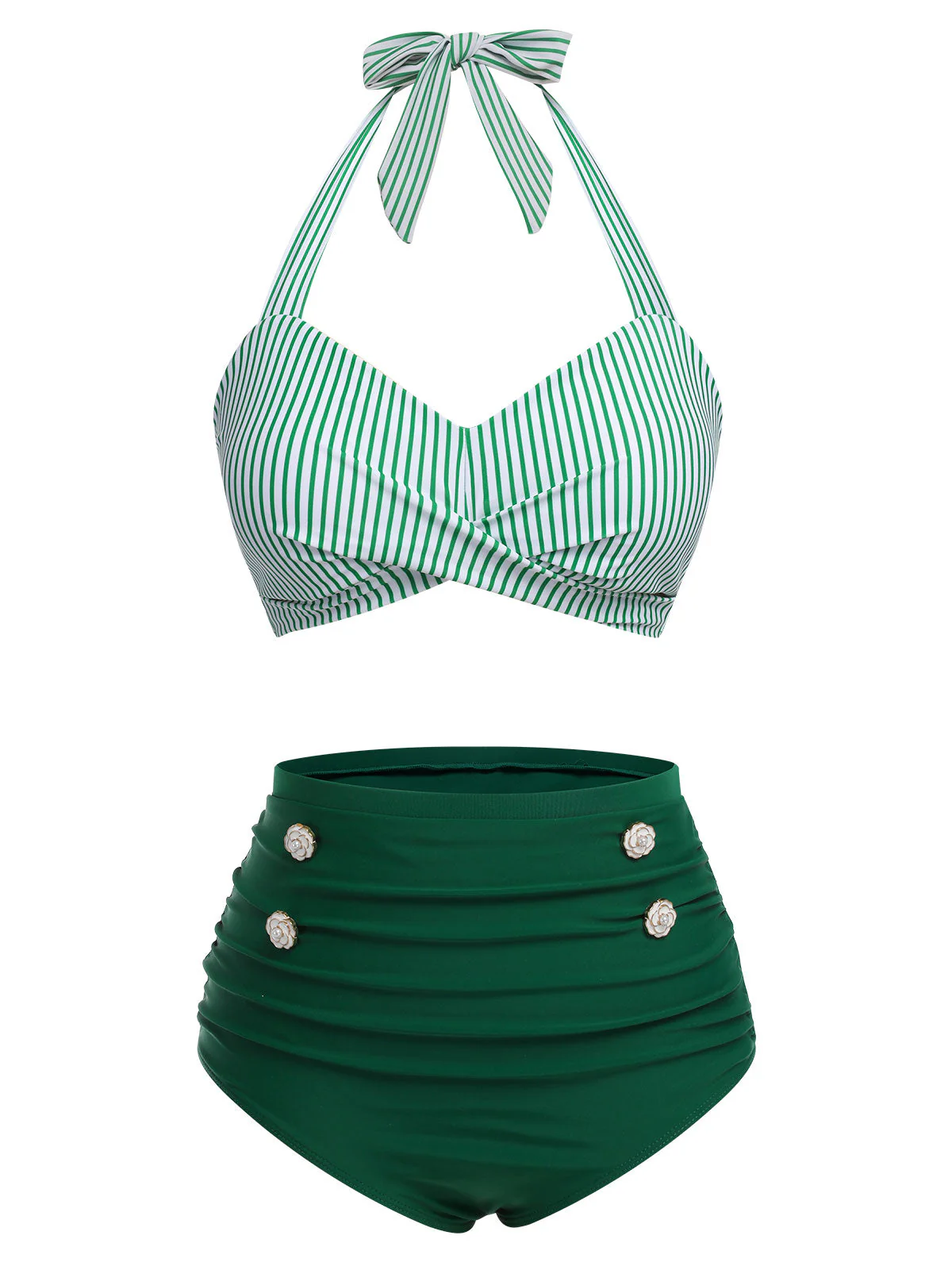 Green 1940s Striped Halter Swimsuit Set - Image 3