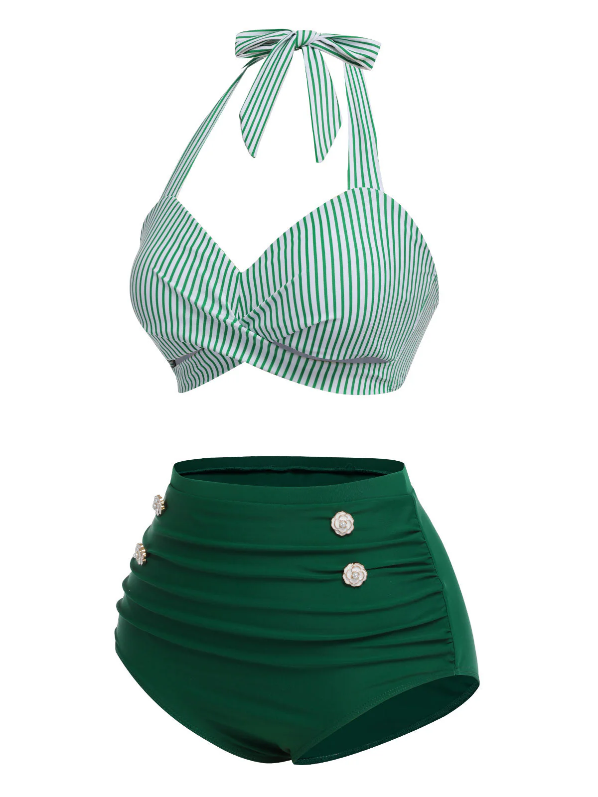 Green 1940s Striped Halter Swimsuit Set - Image 4