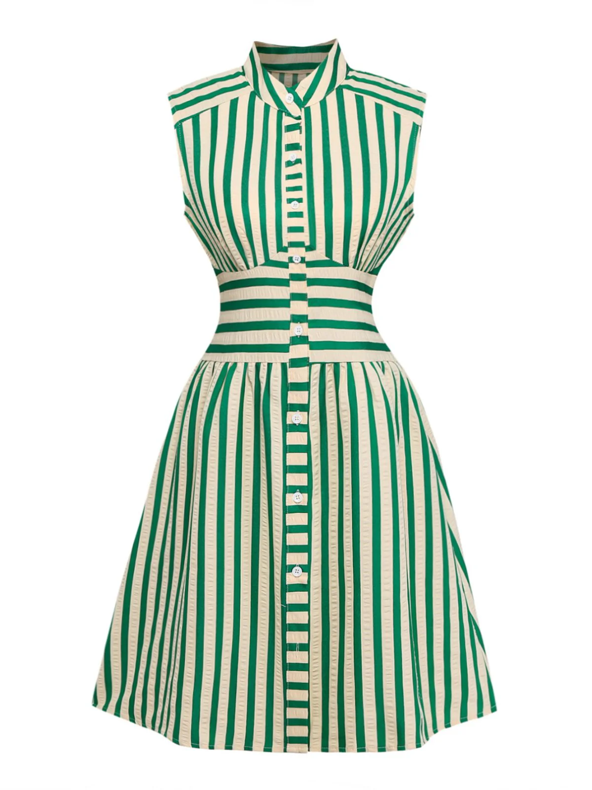 Green 1940s Striped Single-Breasted Sleeveless Dress - Image 2