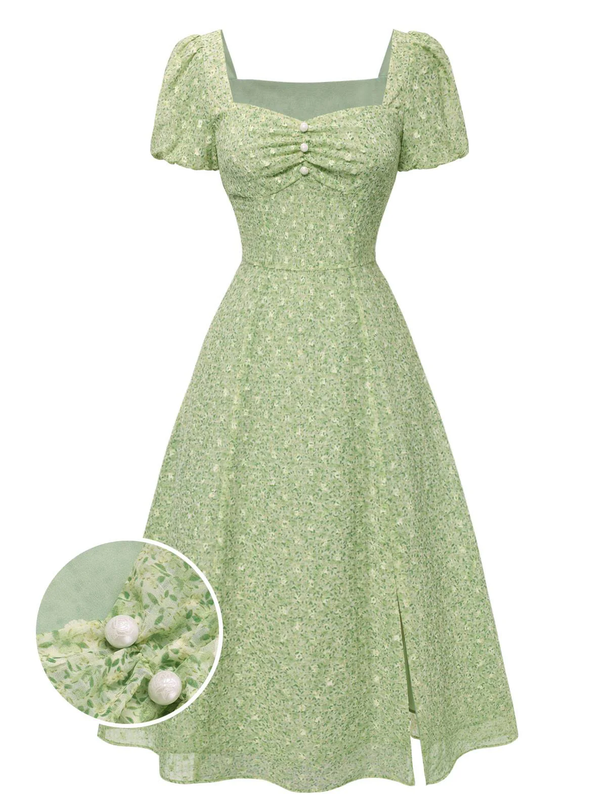 Green 1940s Sweetheart Ditsy Floral Dress - Image 2