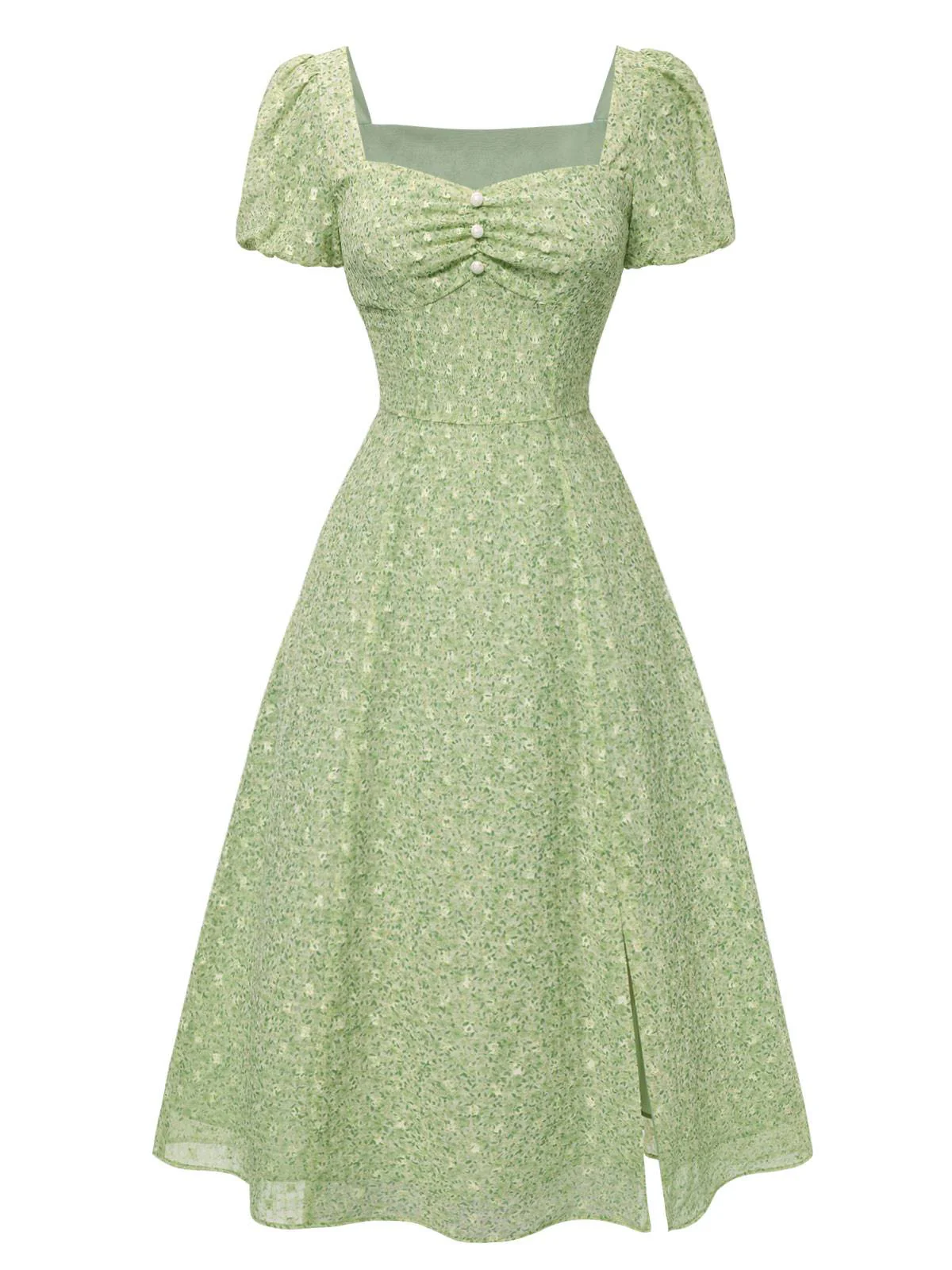 Green 1940s Sweetheart Ditsy Floral Dress - Image 3