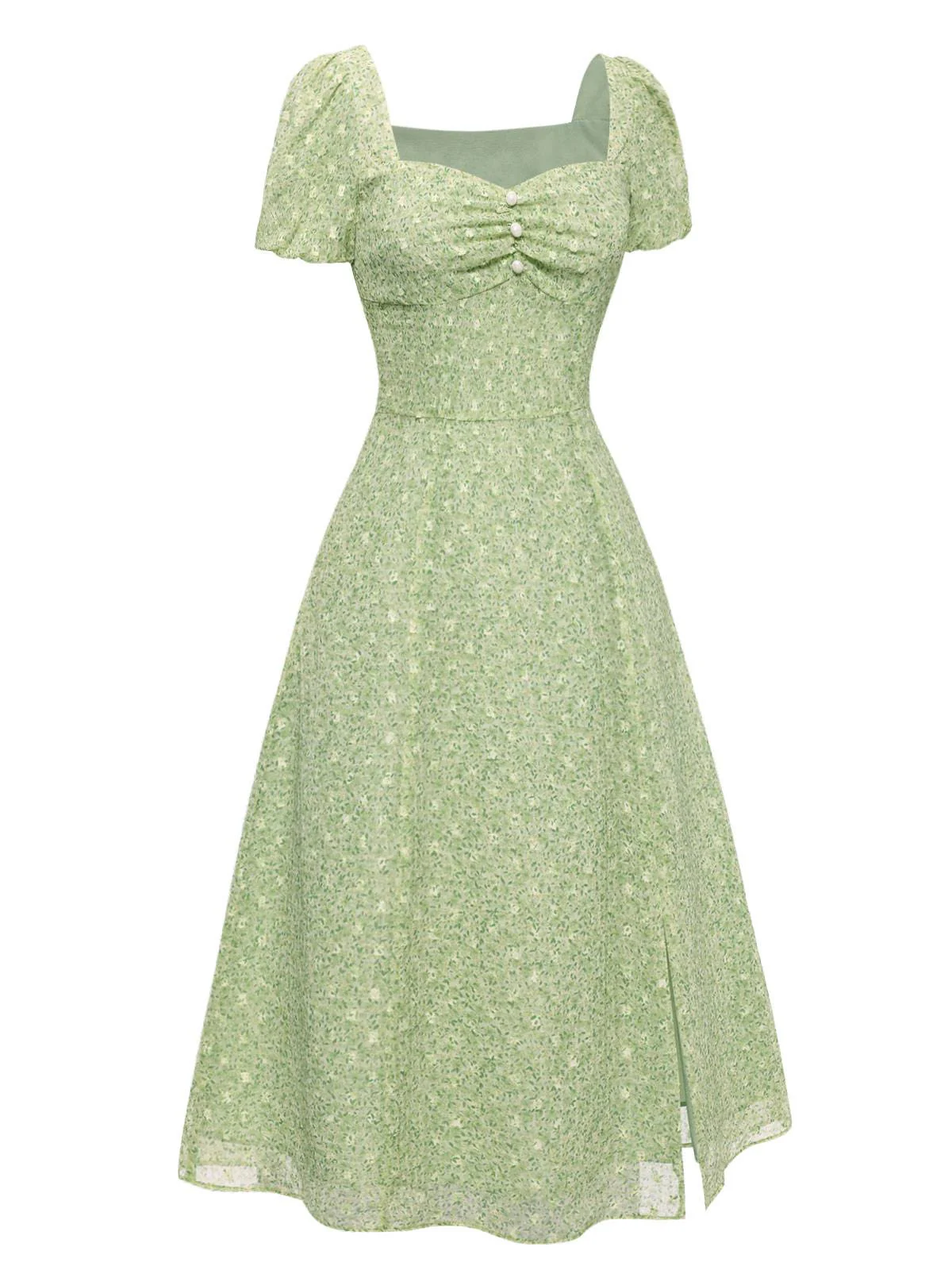 Green 1940s Sweetheart Ditsy Floral Dress - Image 4