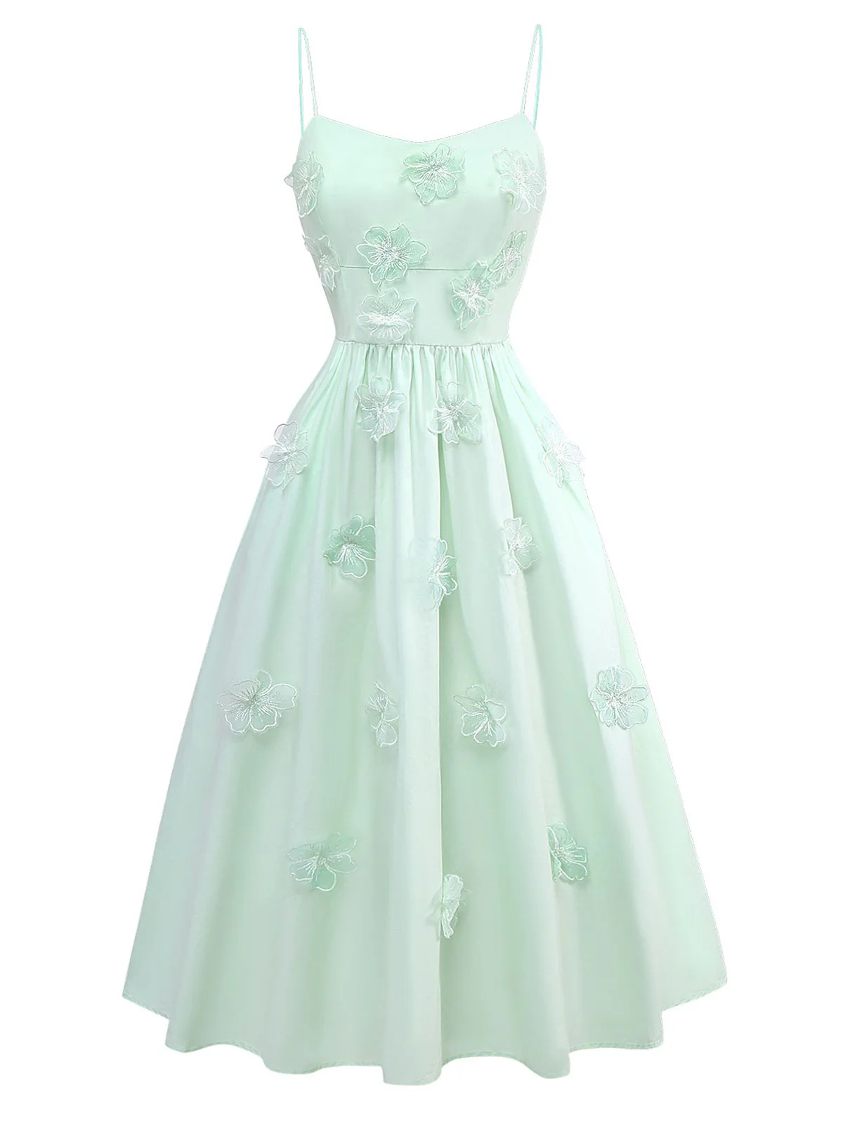 Green 1940s U-Neck Solid Jacquard Pure Cotton Dress - Image 2